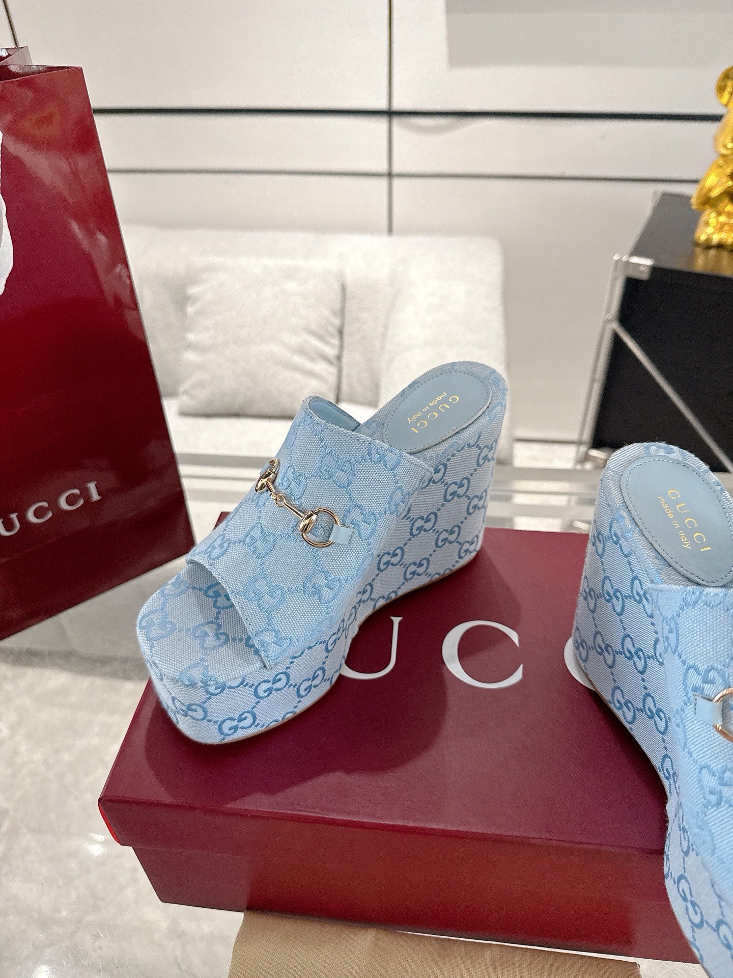 GC Wedge With Horsebit Sandal Light Blue Canvas 292421