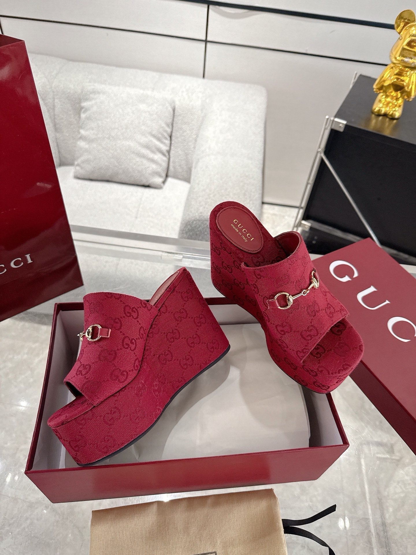 GC Wedge With Horsebit Sandal Red Canvas 292422