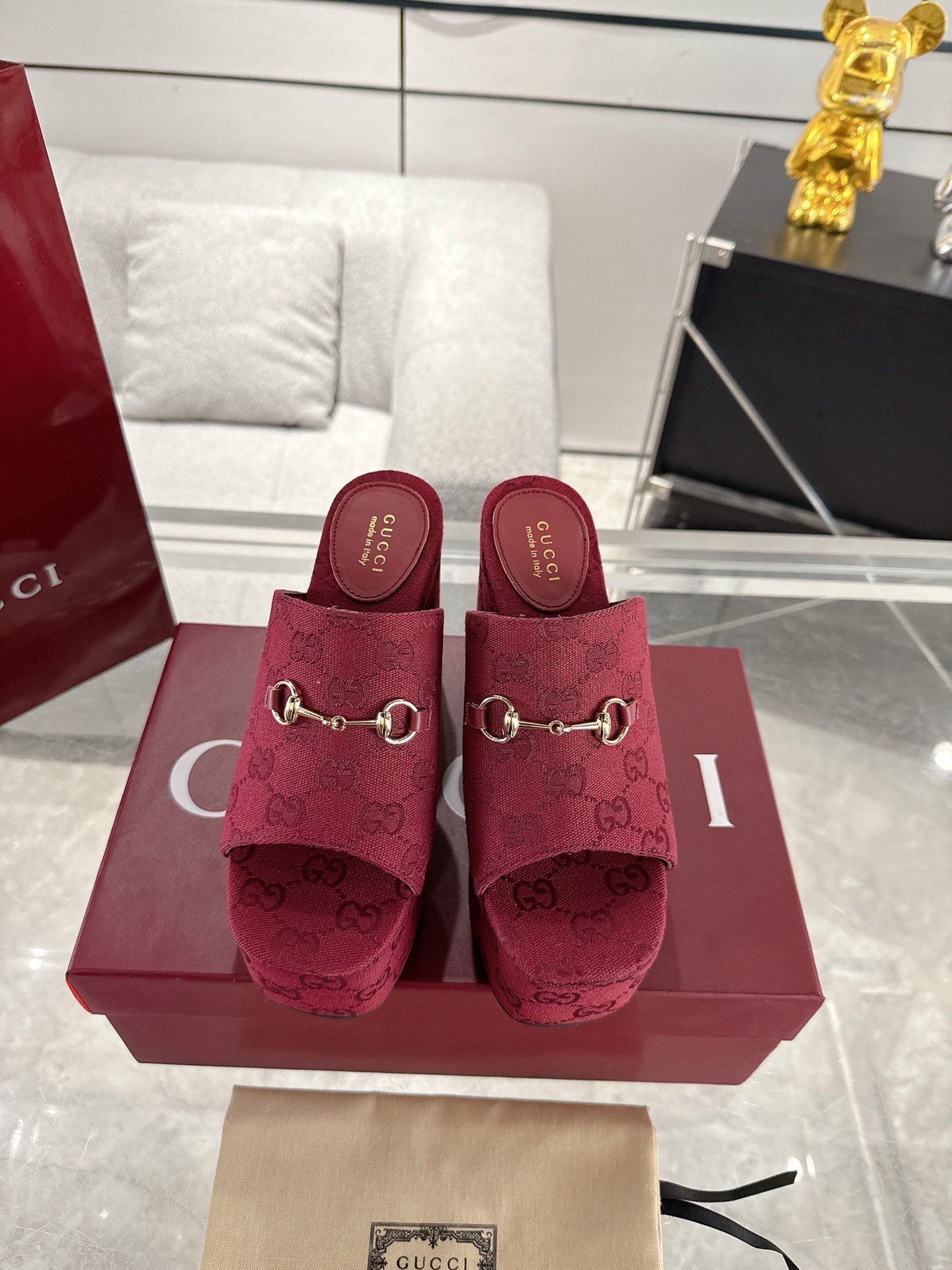 GC Wedge With Horsebit Sandal Red Canvas 292422