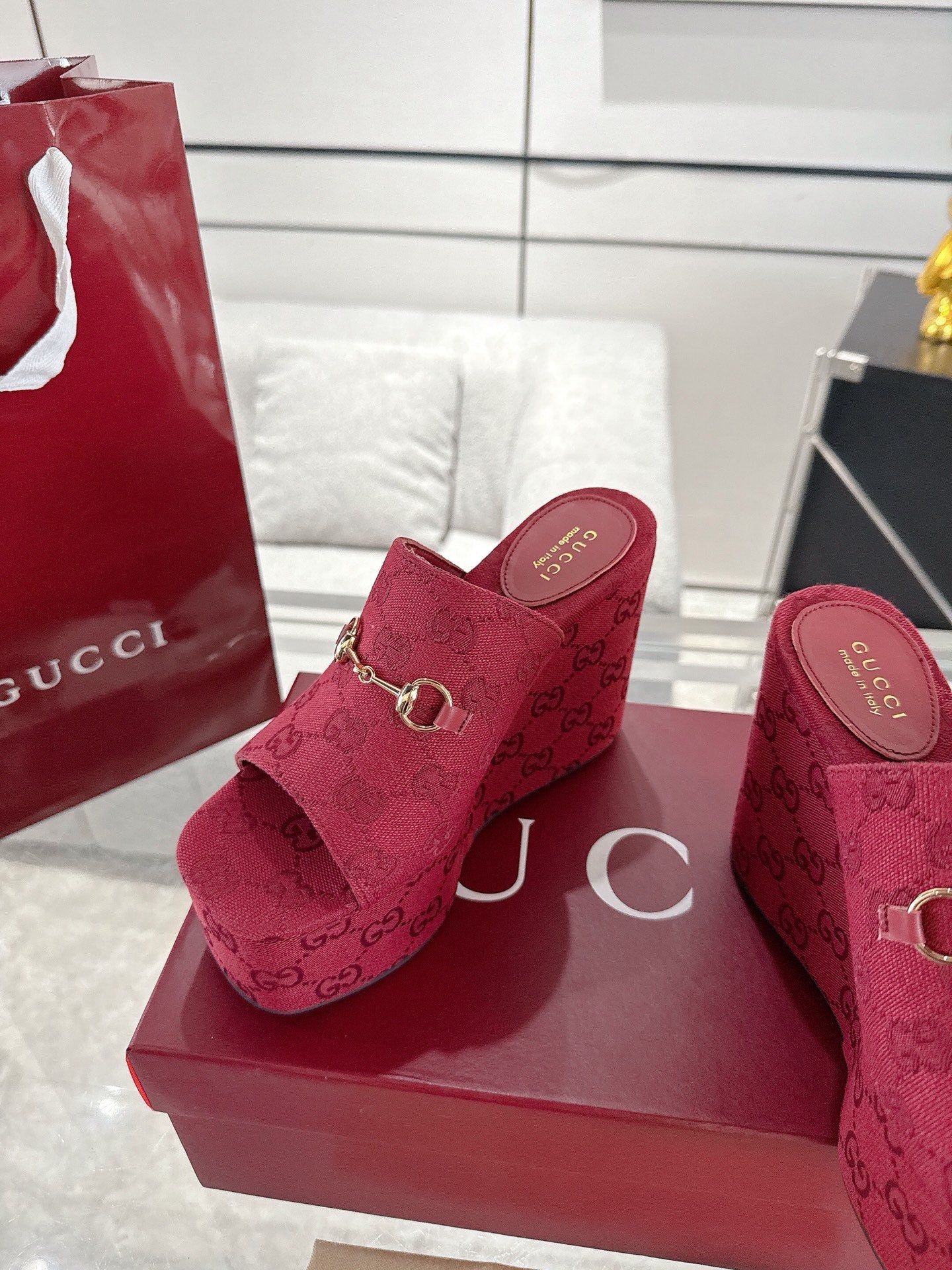 GC Wedge With Horsebit Sandal Red Canvas 292422