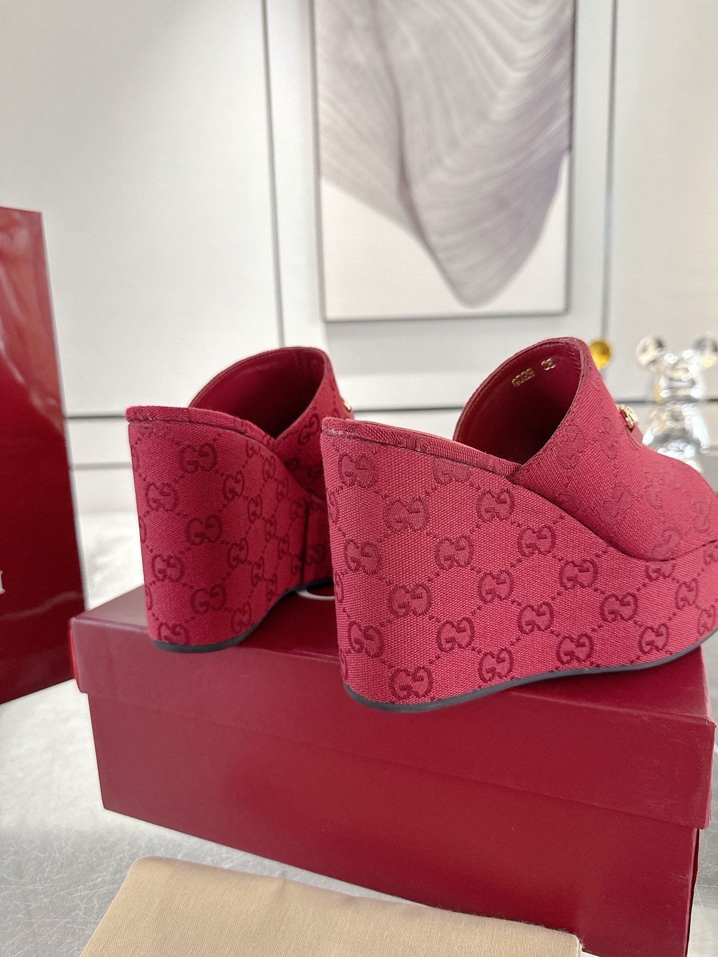 GC Wedge With Horsebit Sandal Red Canvas 292422