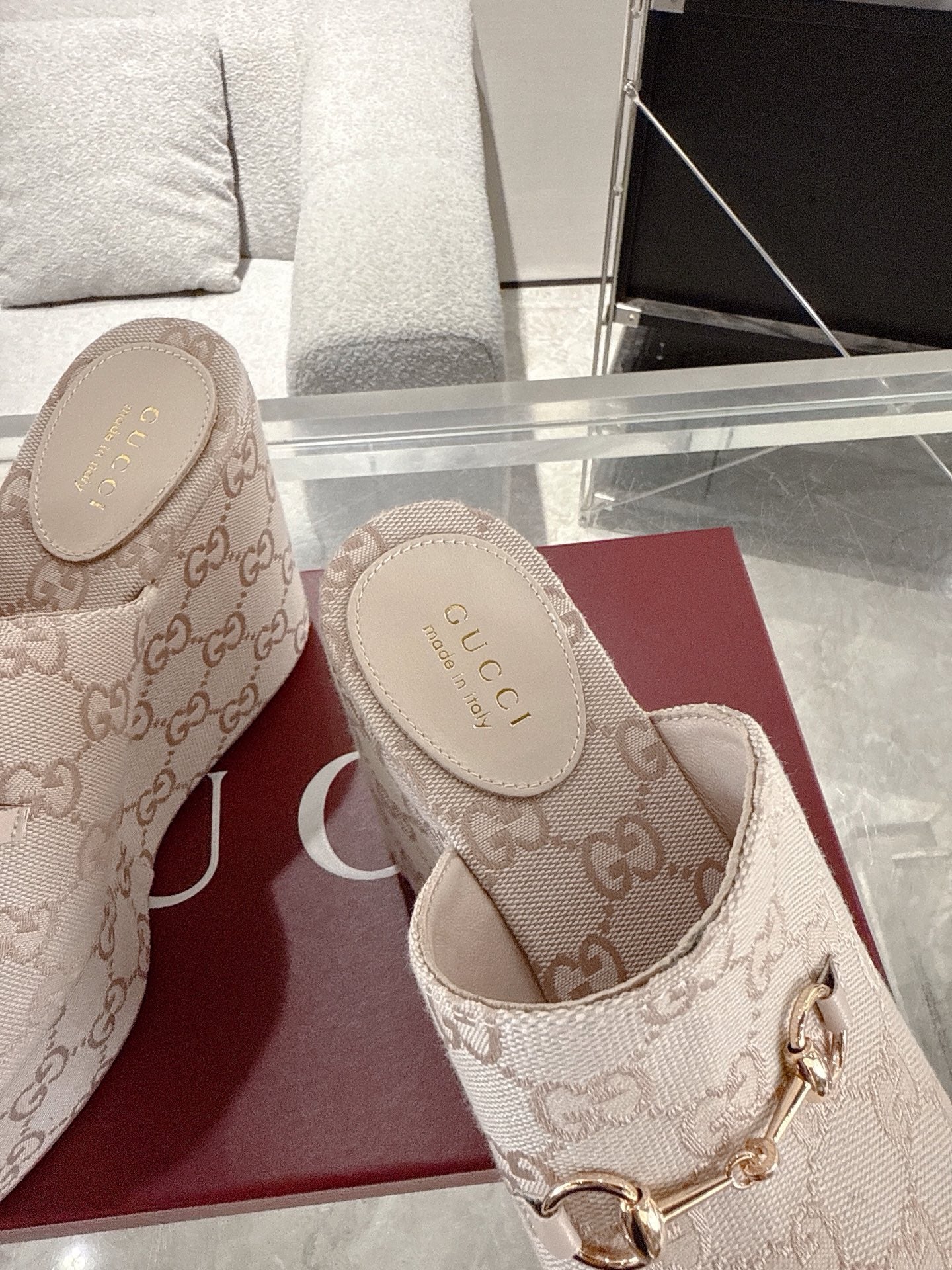 GC Wedge With Horsebit Sandal Beige Canvas 292423