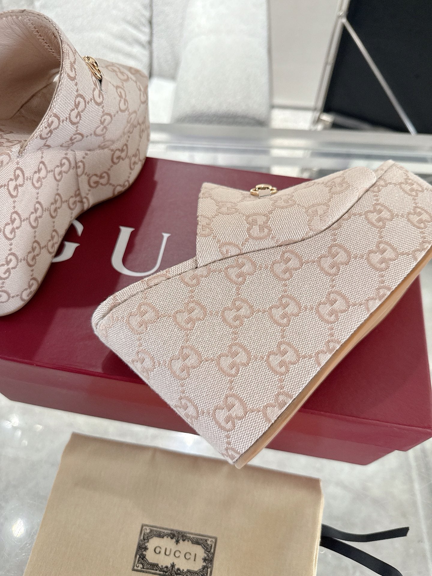 GC Wedge With Horsebit Sandal Beige Canvas 292423