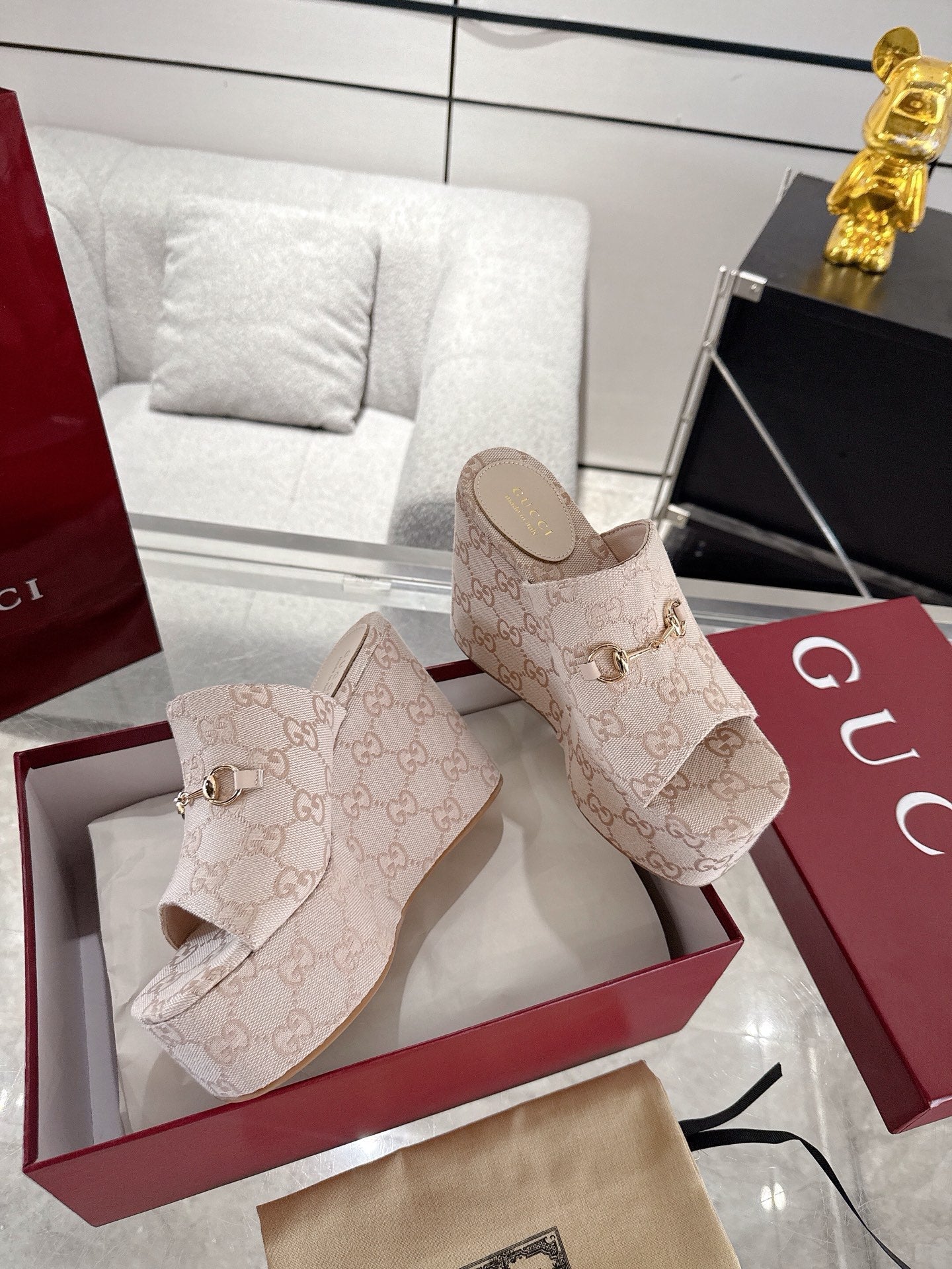 GC Wedge With Horsebit Sandal Beige Canvas 292423