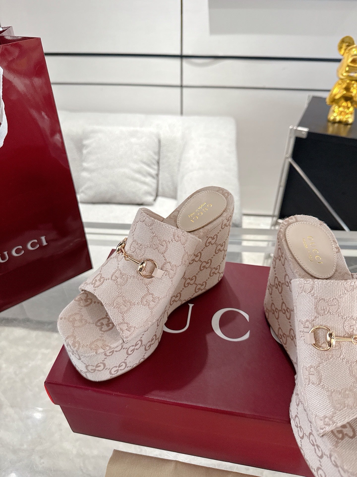 GC Wedge With Horsebit Sandal Beige Canvas 292423