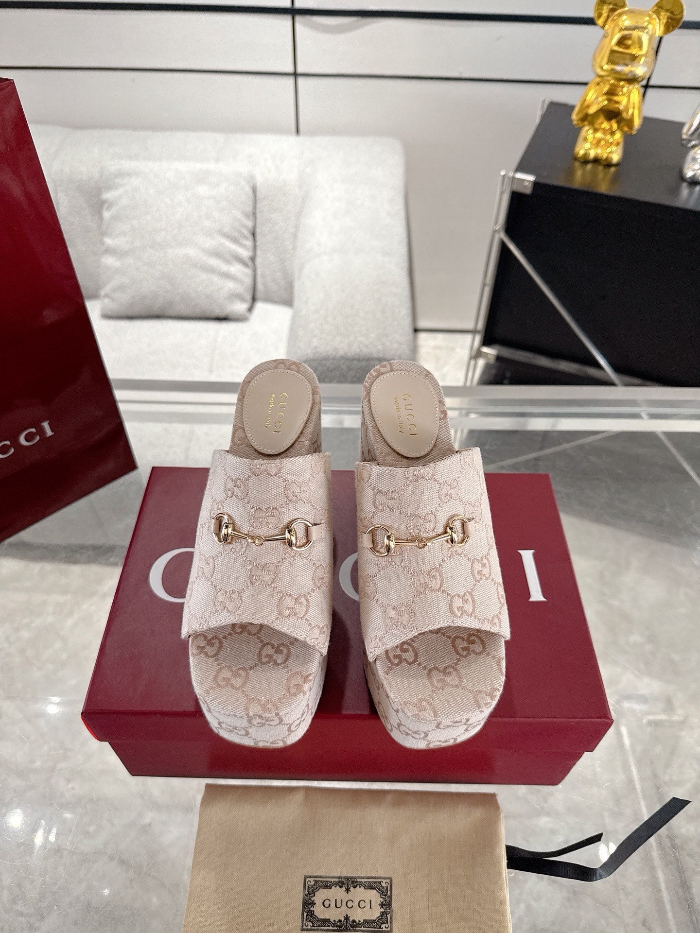 GC Wedge With Horsebit Sandal Beige Canvas 292423