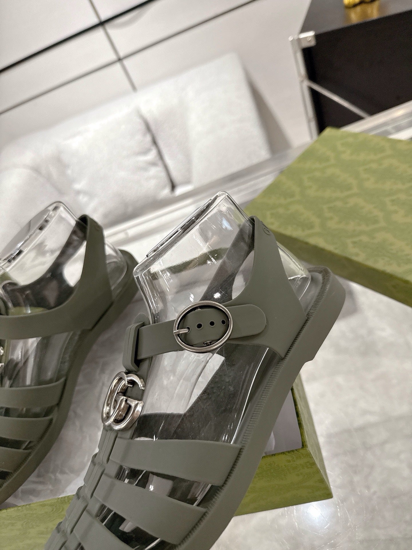 GC 25 Silver Double G Sandal Dark Green Rubber 292429