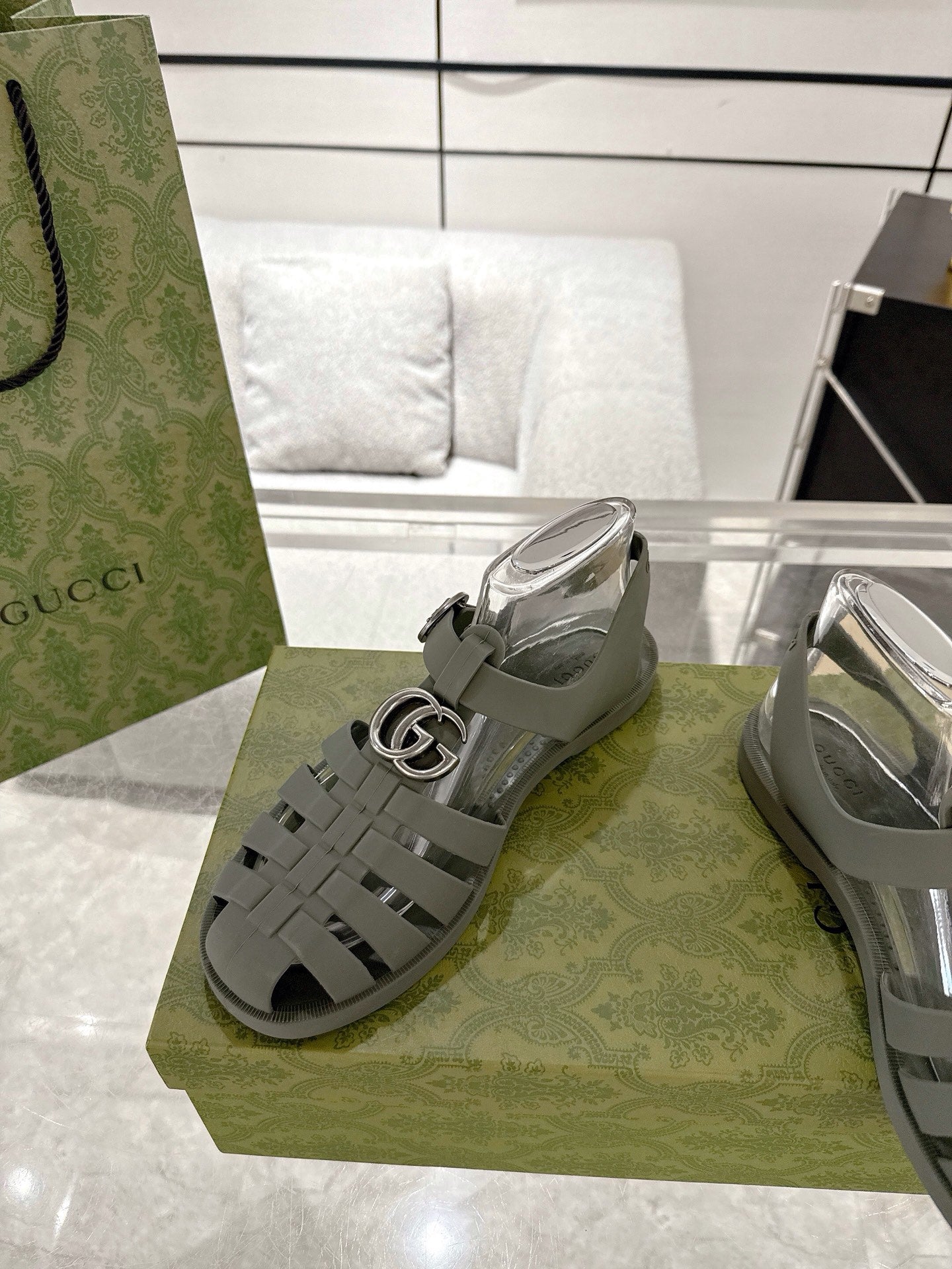 GC 25 Silver Double G Sandal Dark Green Rubber 292429