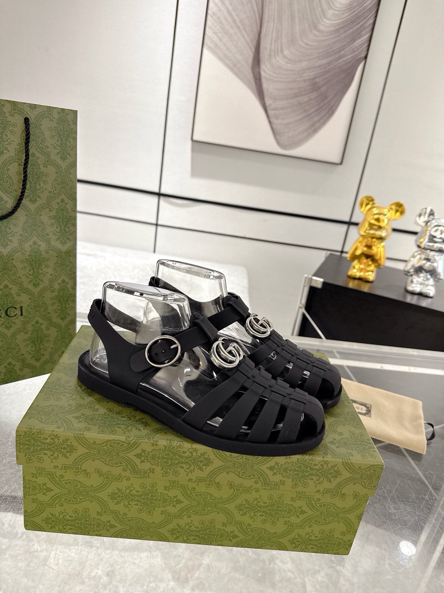 GC 25 Silver Double G Sandal Black Rubber 292433