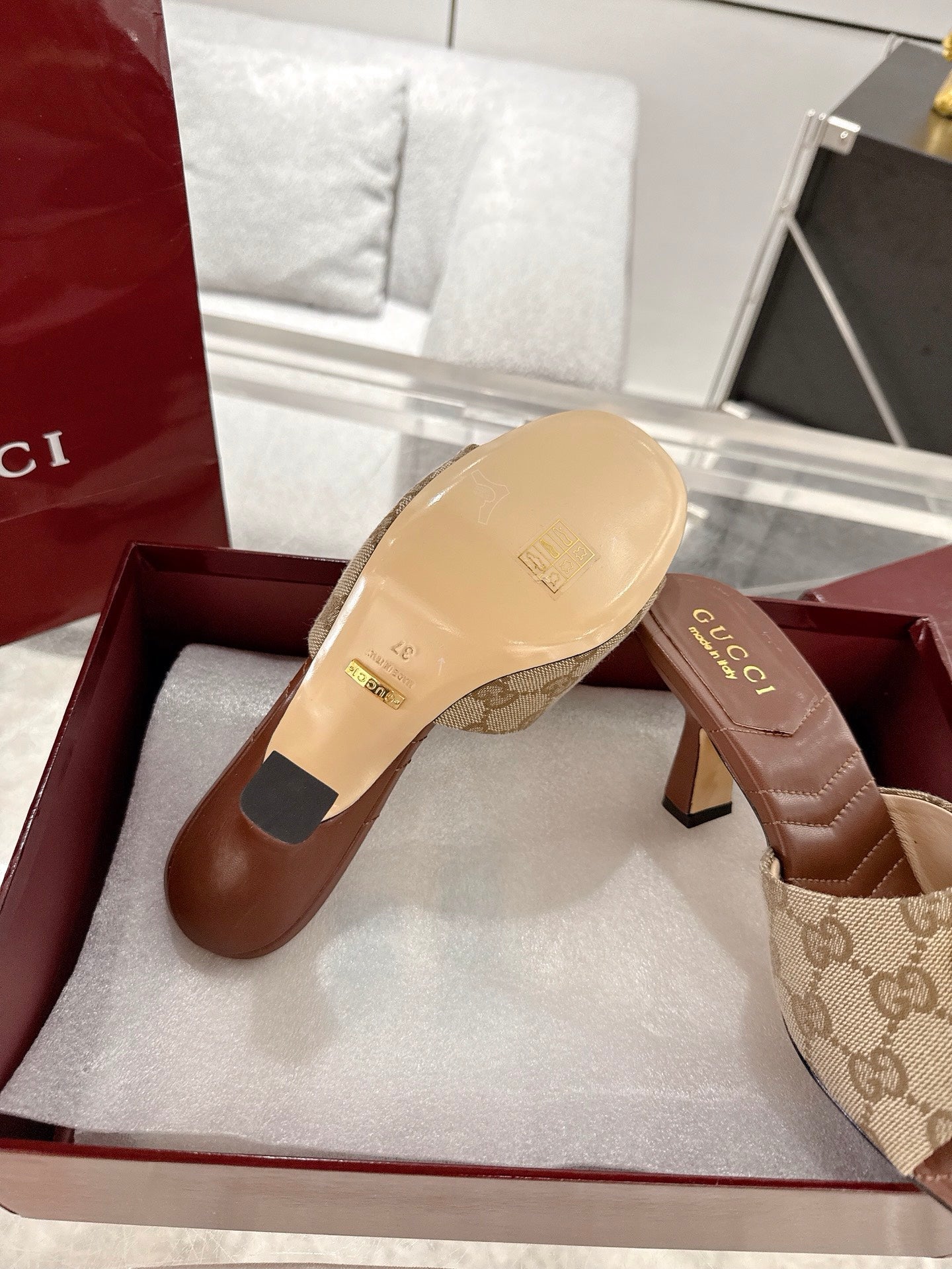 GC 2025 Double G High Heel Sandals Brown Canvas Sheepskin 292466