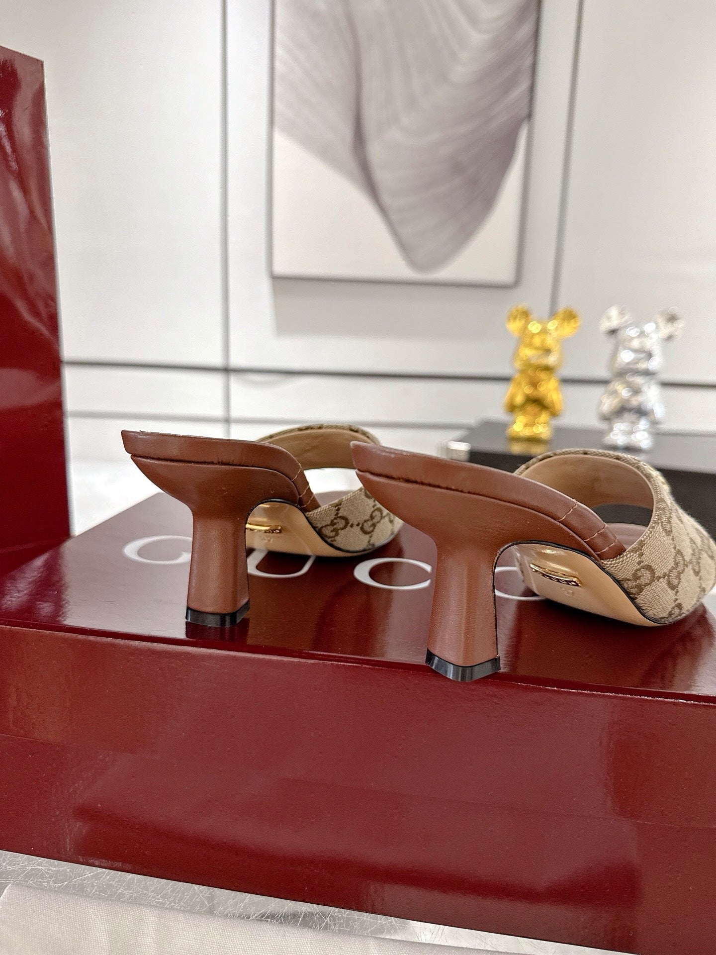 GC 2025 Double G High Heel Sandals Brown Canvas Sheepskin 292466