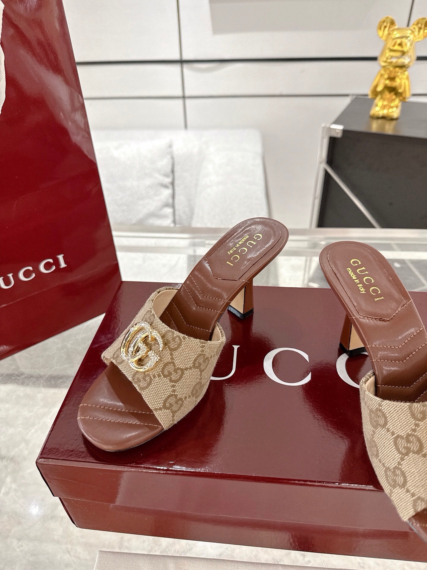 GC 2025 Double G High Heel Sandals Brown Canvas Sheepskin 292466