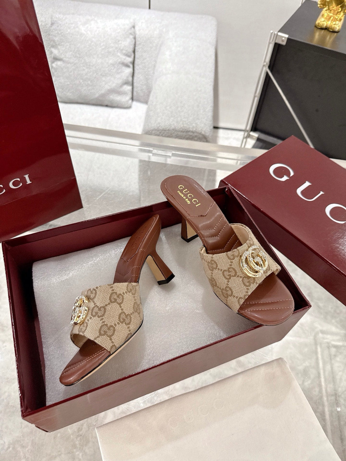 GC 2025 Double G High Heel Sandals Brown Canvas Sheepskin 292466