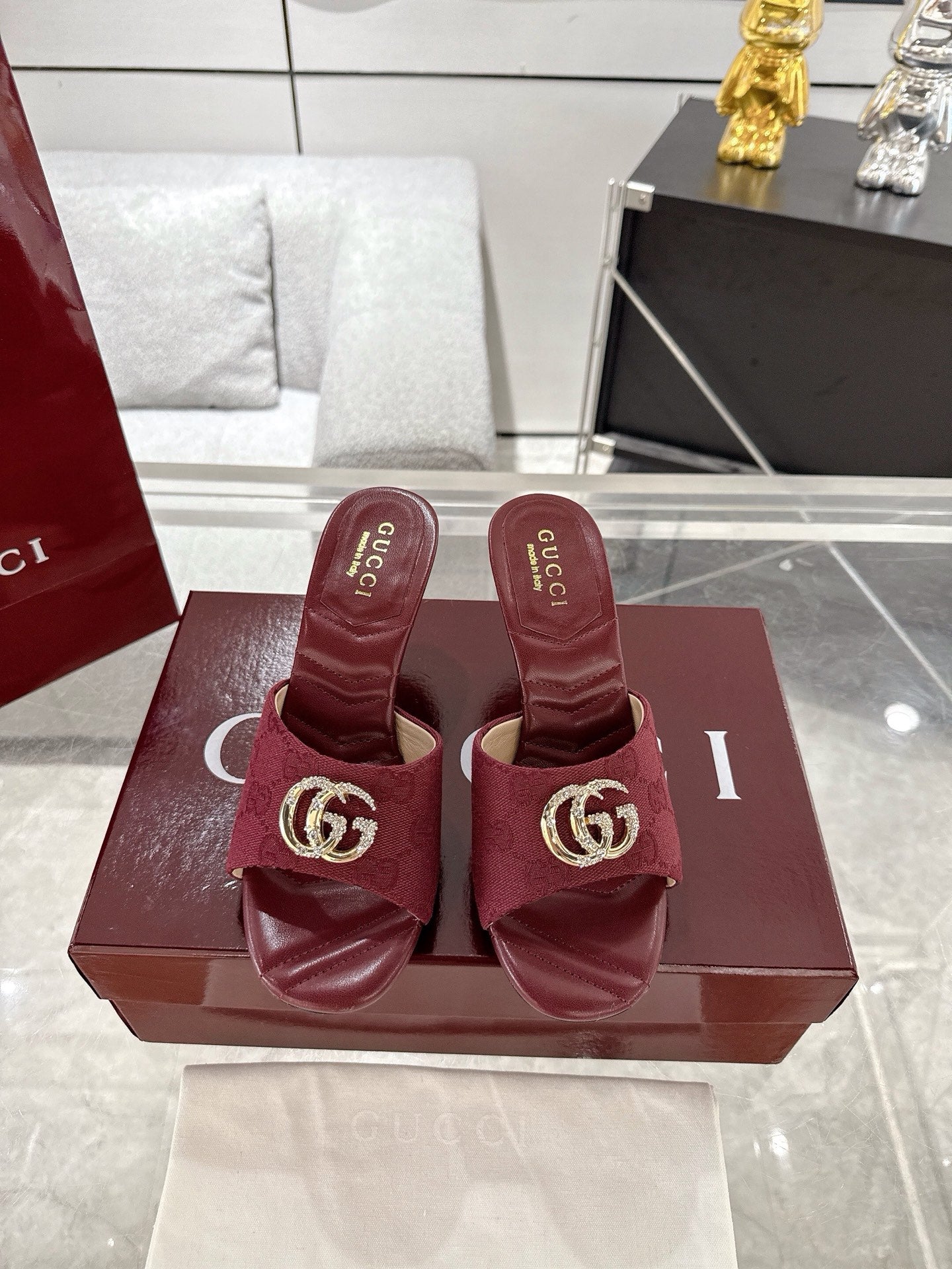 GC 2025 Double G High Heel Sandals Red Canvas Sheepskin 292467
