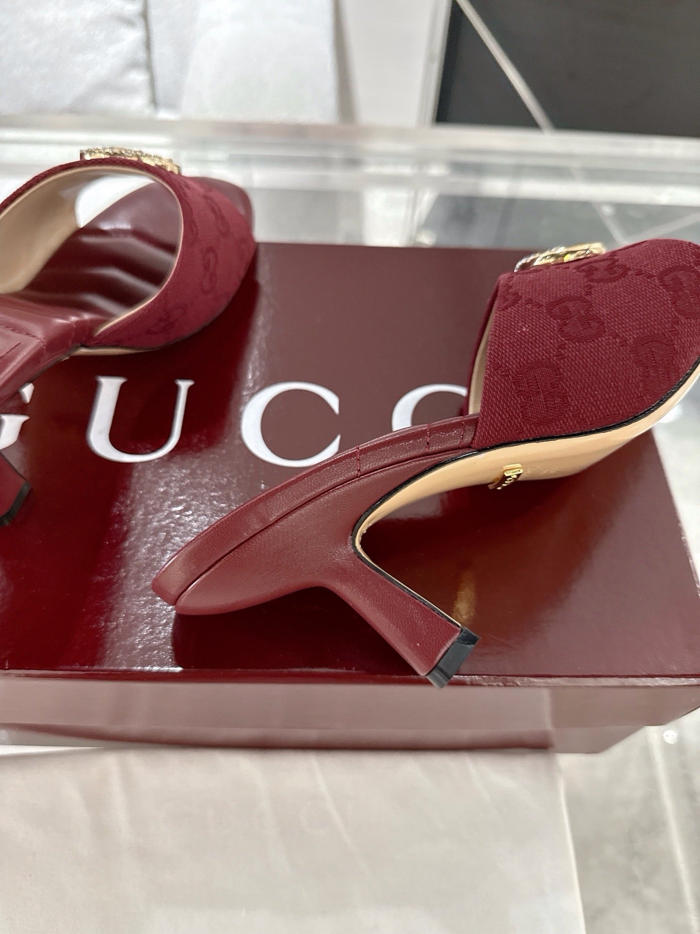 GC 2025 Double G High Heel Sandals Red Canvas Sheepskin 292467