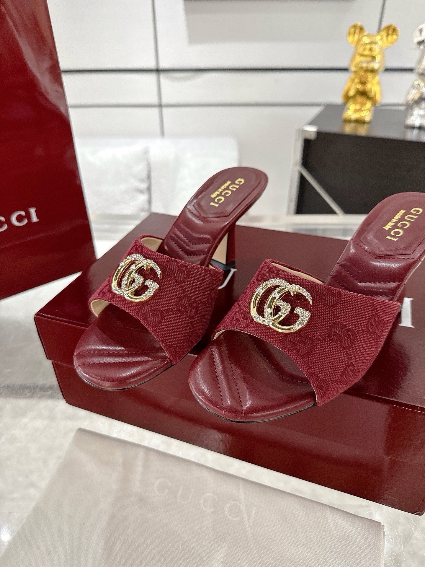 GC 2025 Double G High Heel Sandals Red Canvas Sheepskin 292467