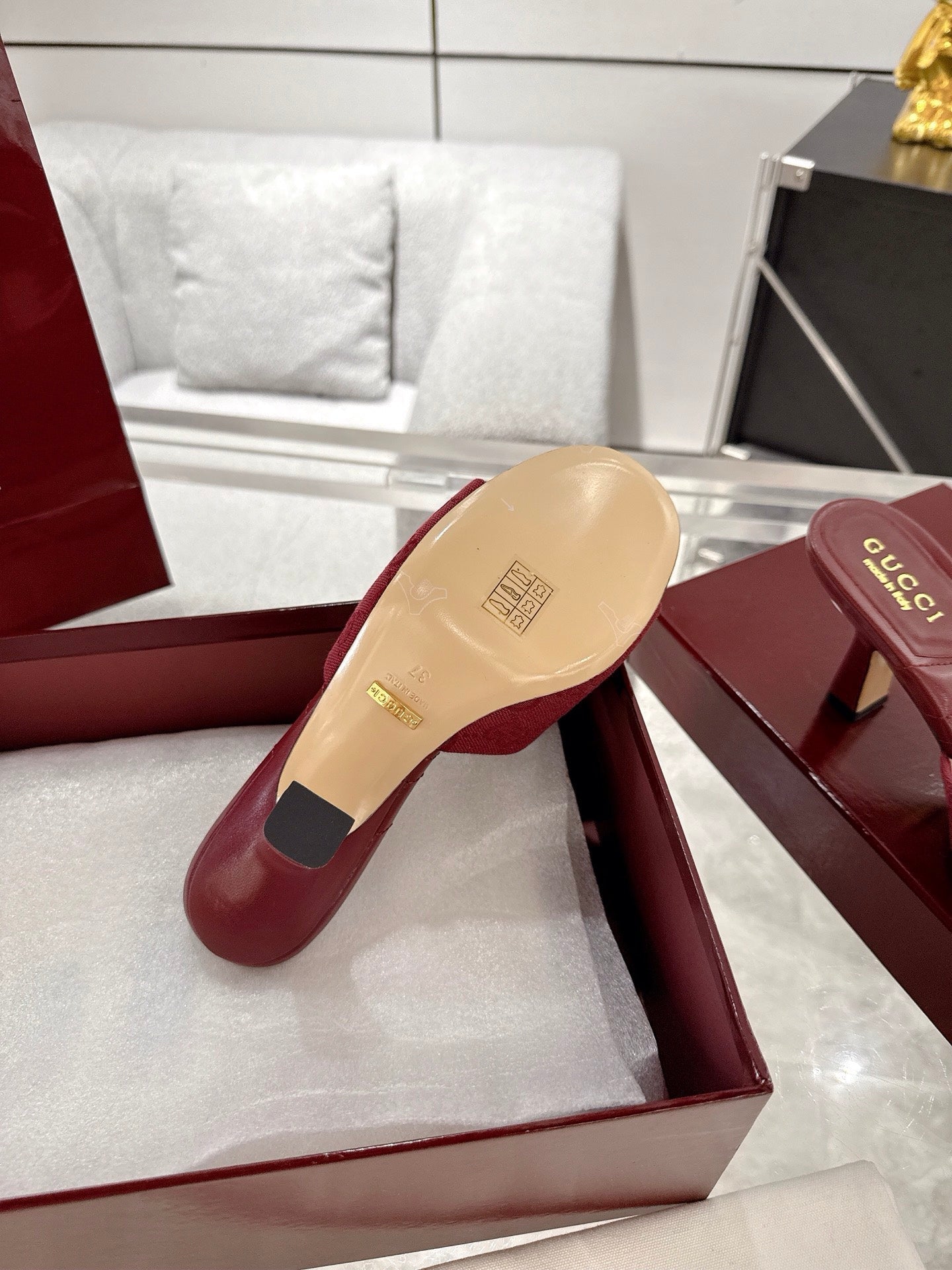 GC 2025 Double G High Heel Sandals Red Canvas Sheepskin 292467