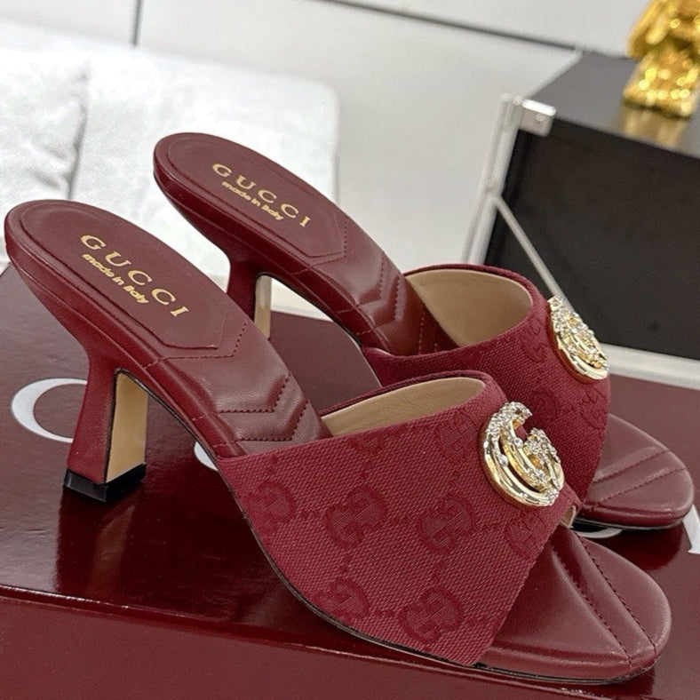 GC 2025 Double G High Heel Sandals Red Canvas Sheepskin 292467