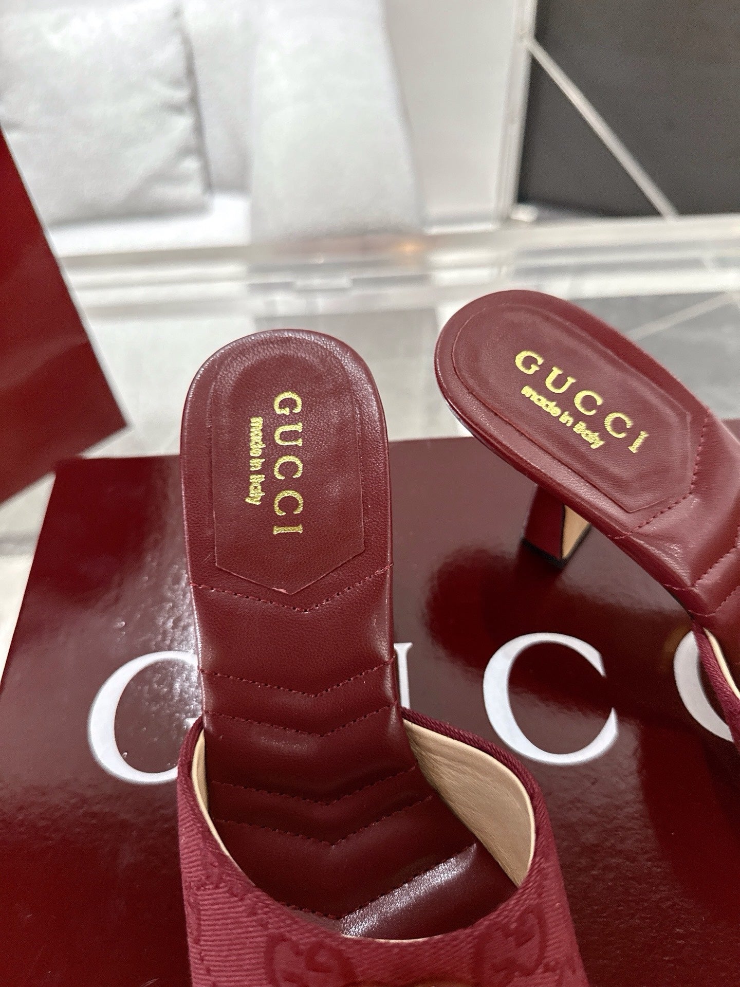 GC 2025 Double G High Heel Sandals Red Canvas Sheepskin 292467