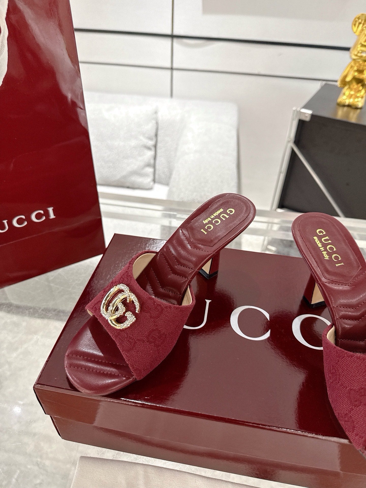 GC 2025 Double G High Heel Sandals Red Canvas Sheepskin 292467