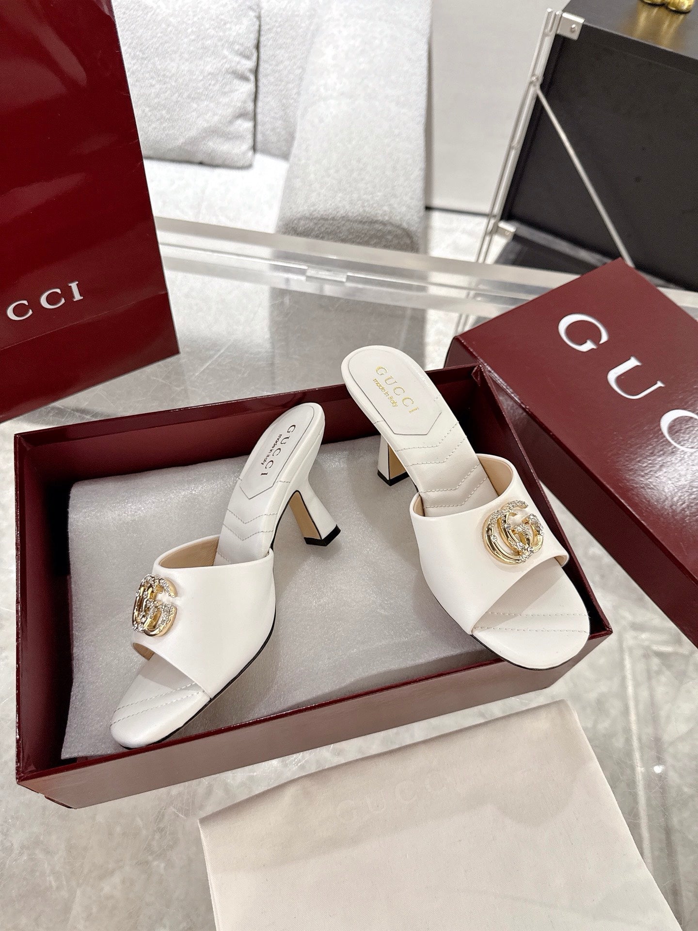 GC 2025 Double G High Heel Sandals White Sheepskin 292468