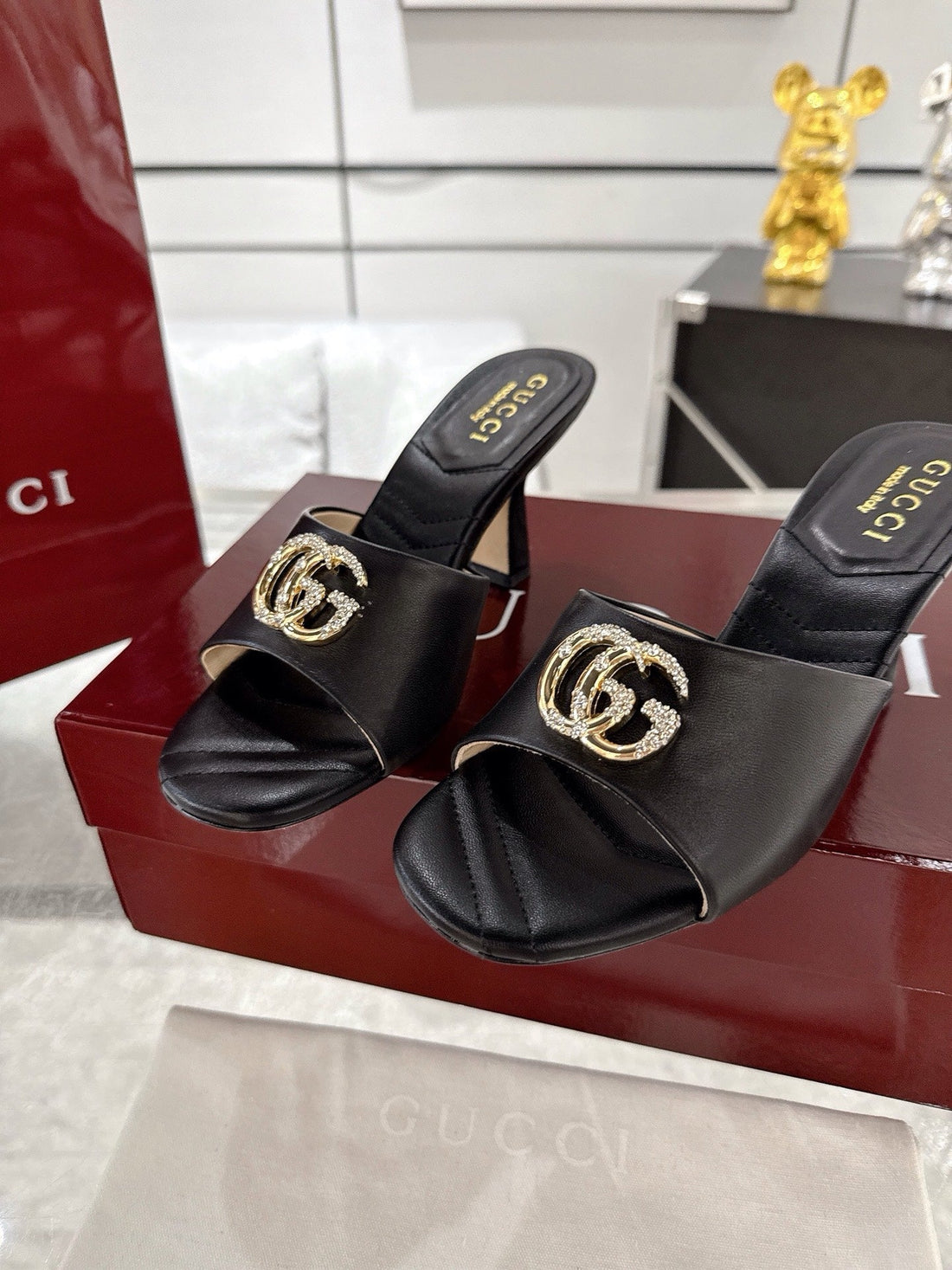 GC 2025 Double G High Heel Sandals Black Sheepskin 292469