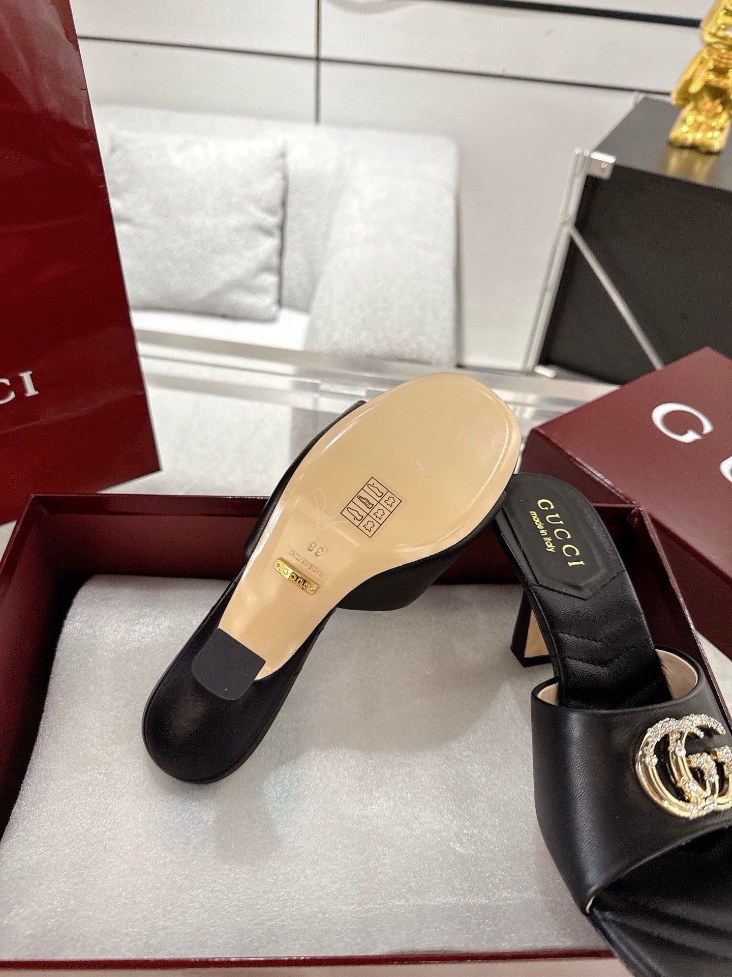 GC 2025 Double G High Heel Sandals Black Sheepskin 292469