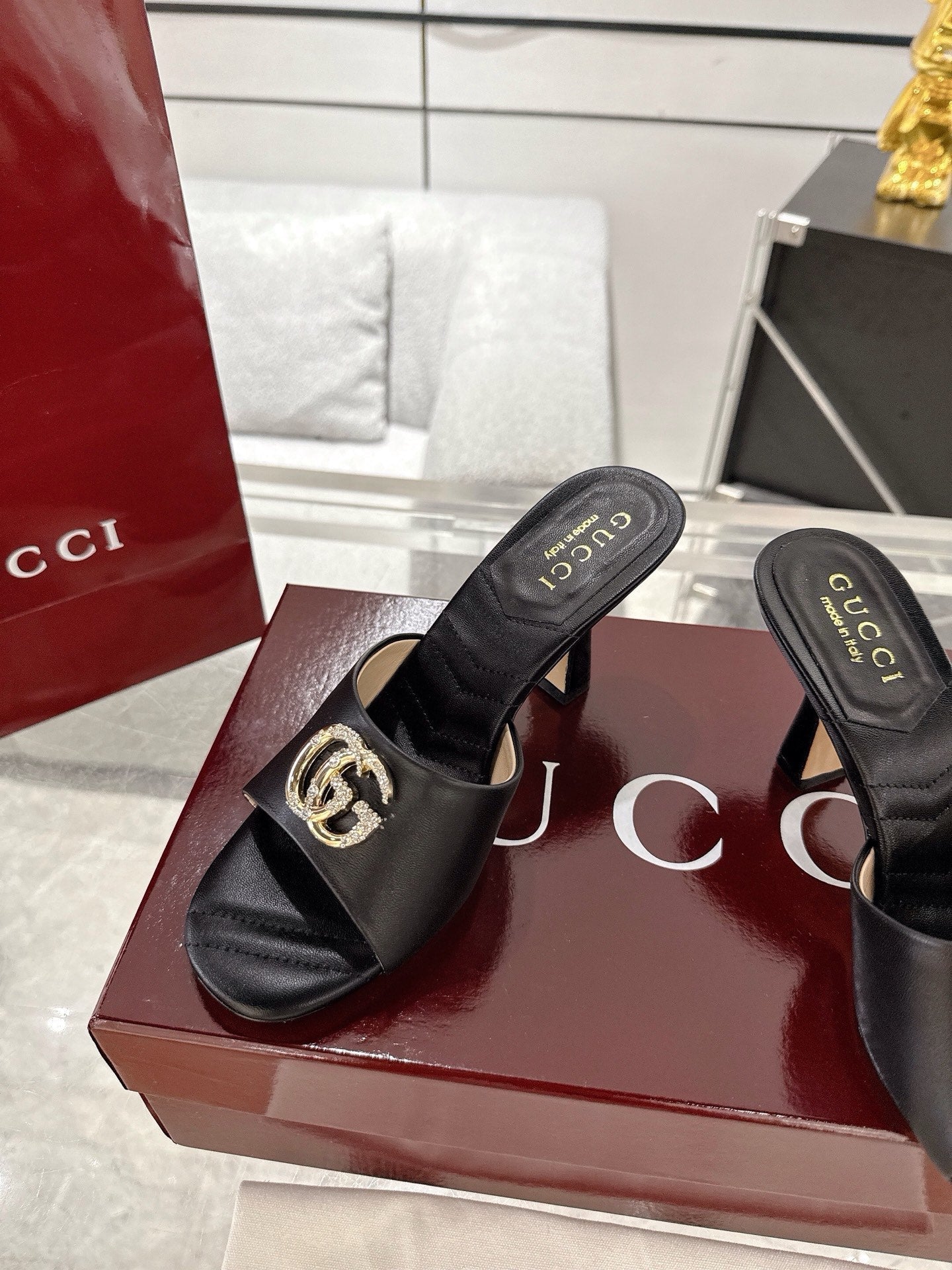 GC 2025 Double G High Heel Sandals Black Sheepskin 292469