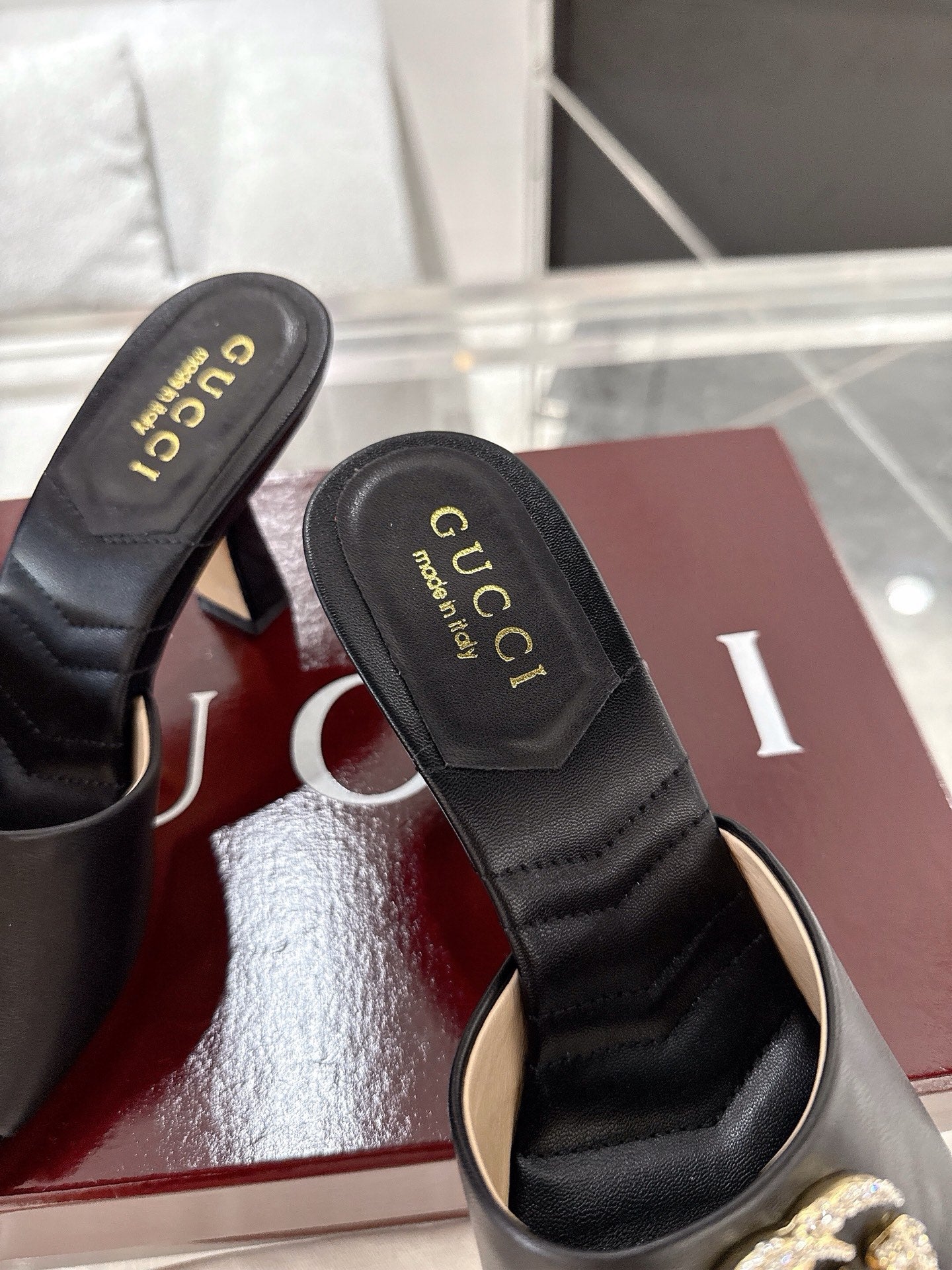 GC 2025 Double G High Heel Sandals Black Sheepskin 292469