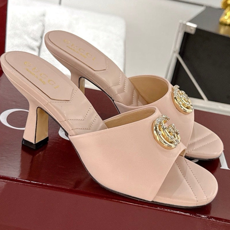 GC 2025 Double G High Heel Sandals Pink Sheepskin 292471