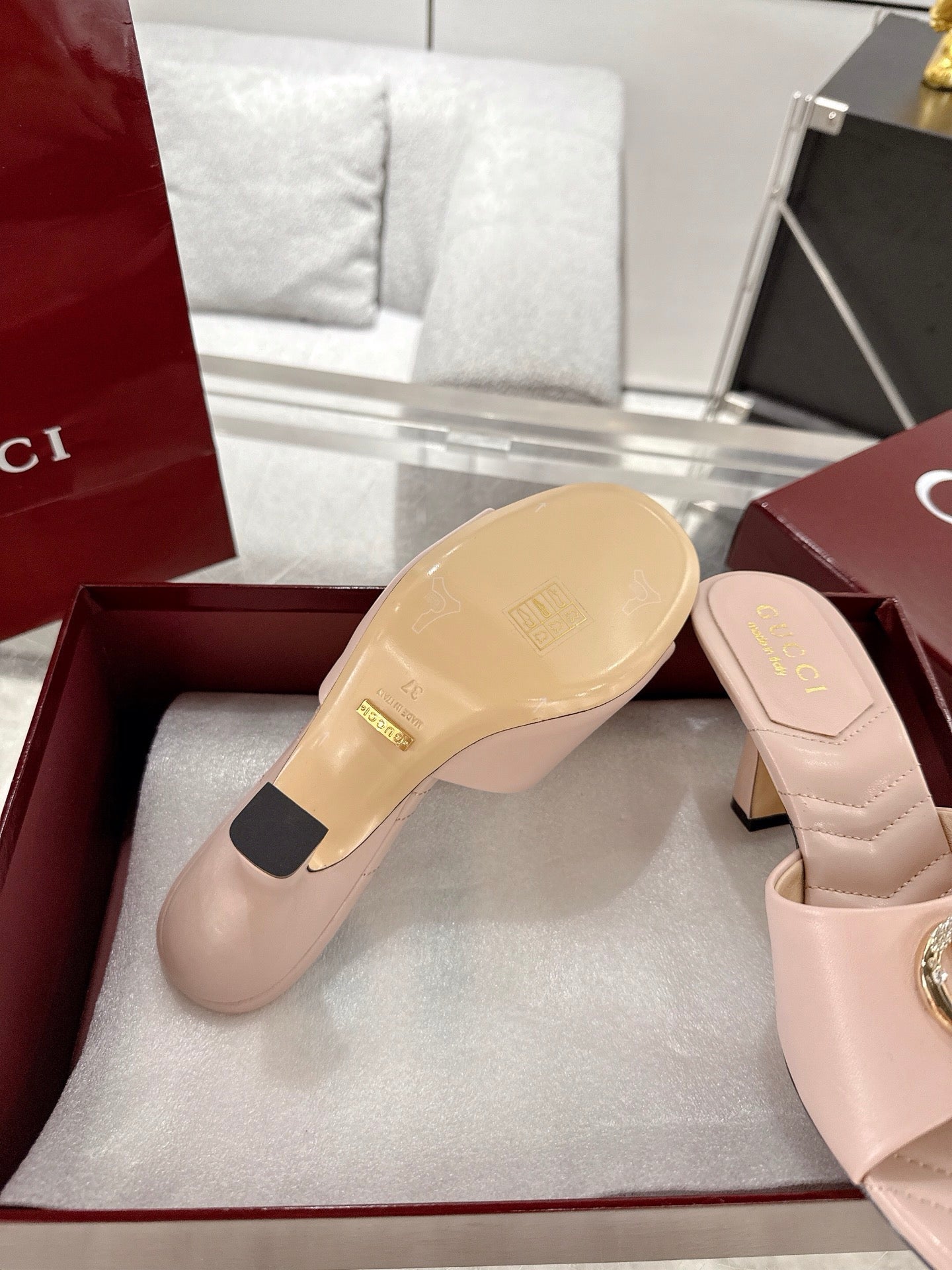 GC 2025 Double G High Heel Sandals Pink Sheepskin 292471