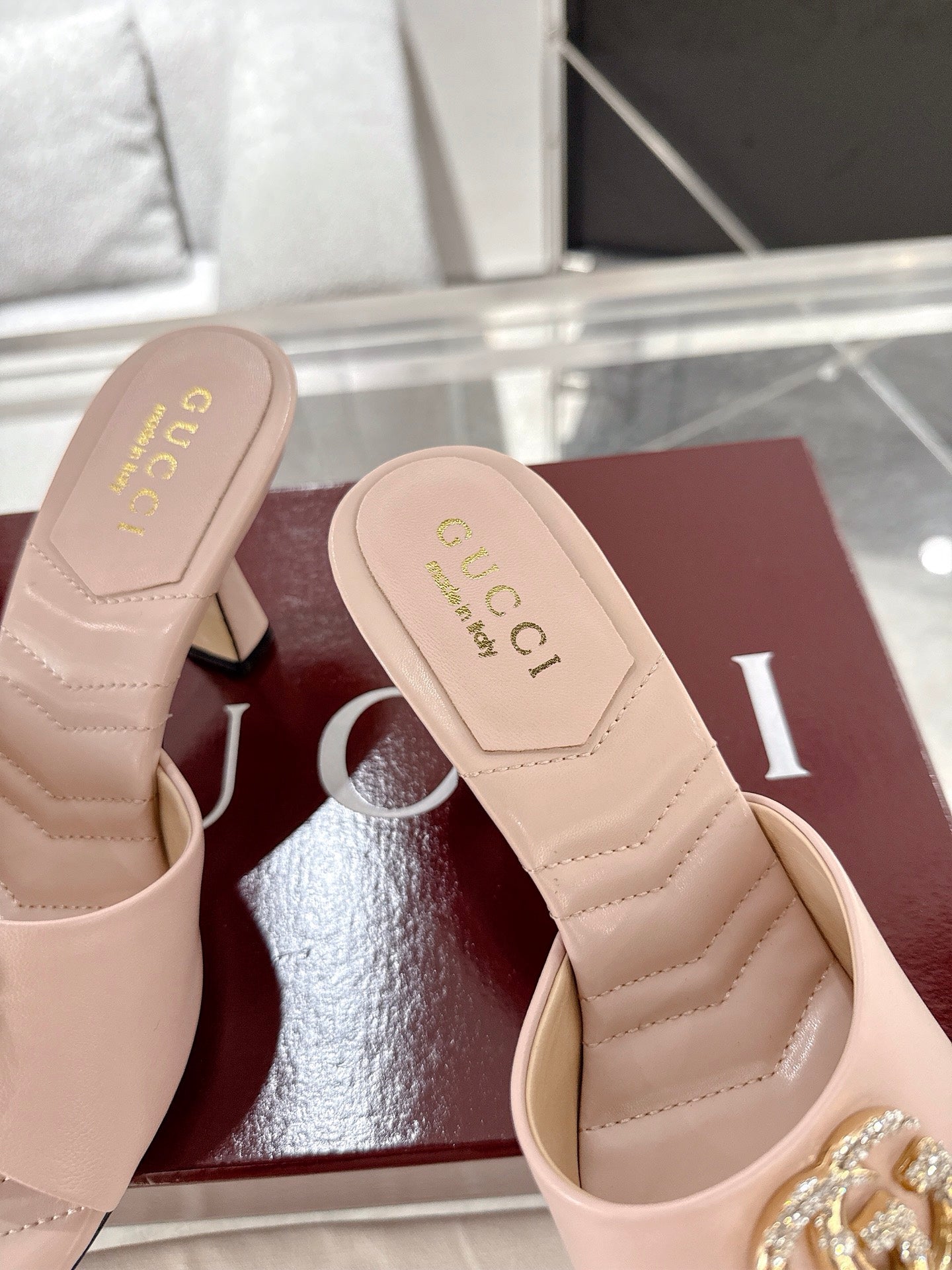 GC 2025 Double G High Heel Sandals Pink Sheepskin 292471