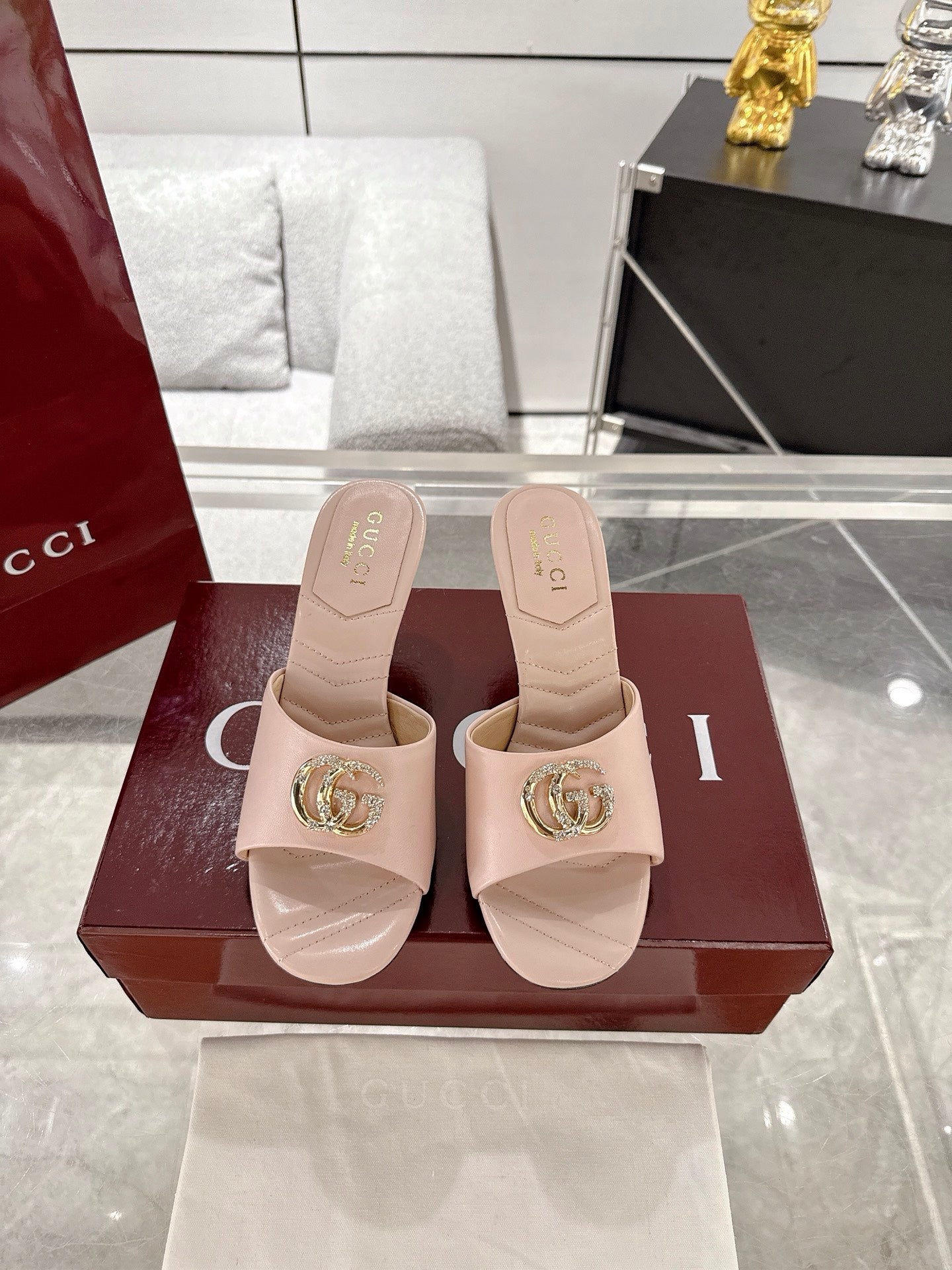 GC 2025 Double G High Heel Sandals Pink Sheepskin 292471