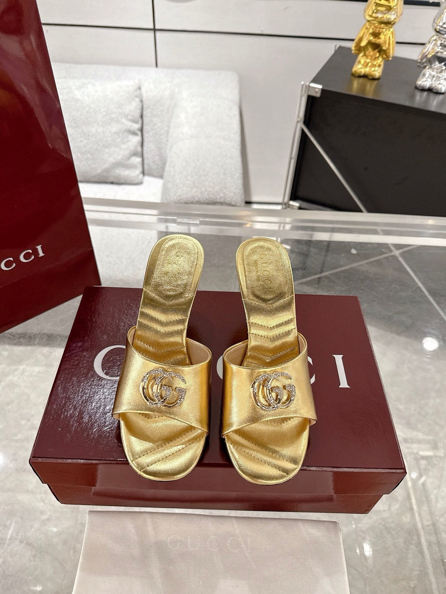 GC 2025 Double G High Heel Sandals Gold Sheepskin 292472