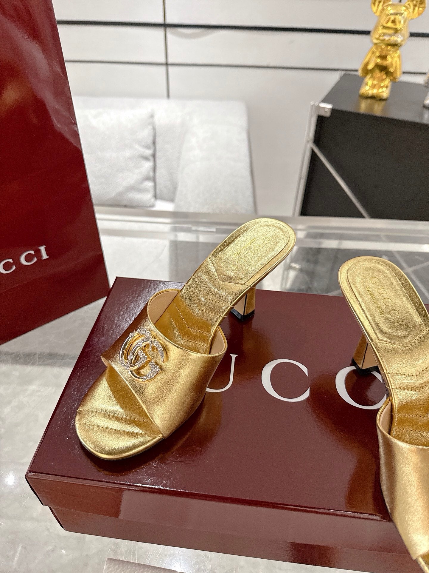 GC 2025 Double G High Heel Sandals Gold Sheepskin 292472