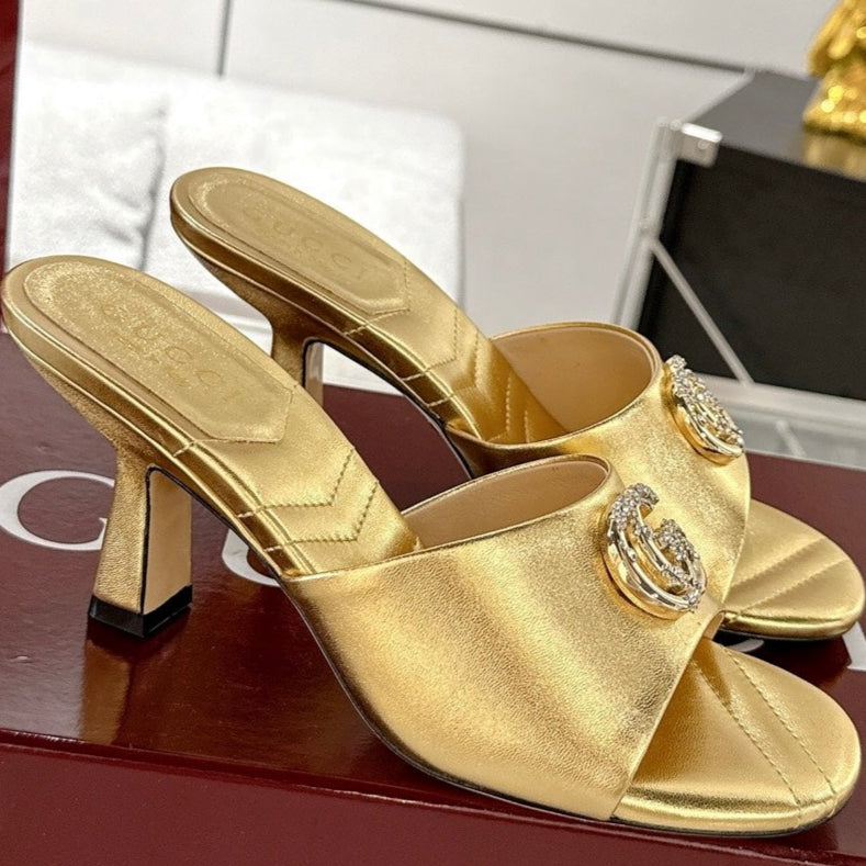 GC 2025 Double G High Heel Sandals Gold Sheepskin 292472