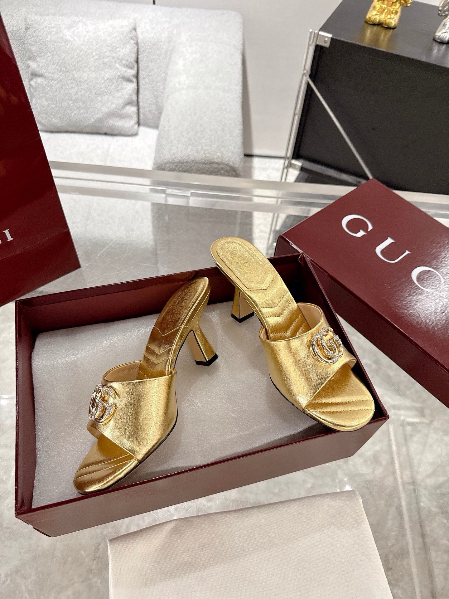 GC 2025 Double G High Heel Sandals Gold Sheepskin 292472