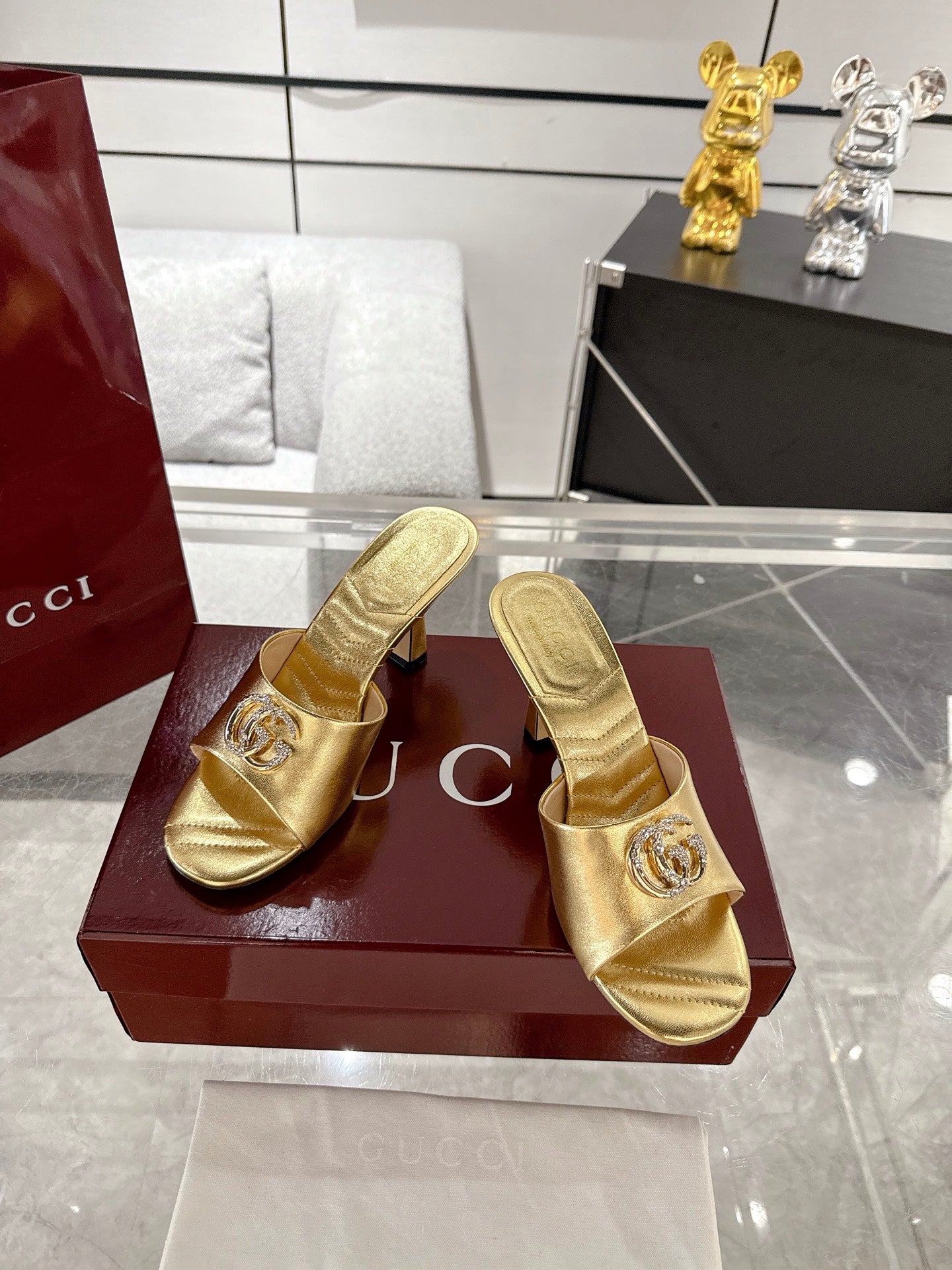 GC 2025 Double G High Heel Sandals Gold Sheepskin 292472