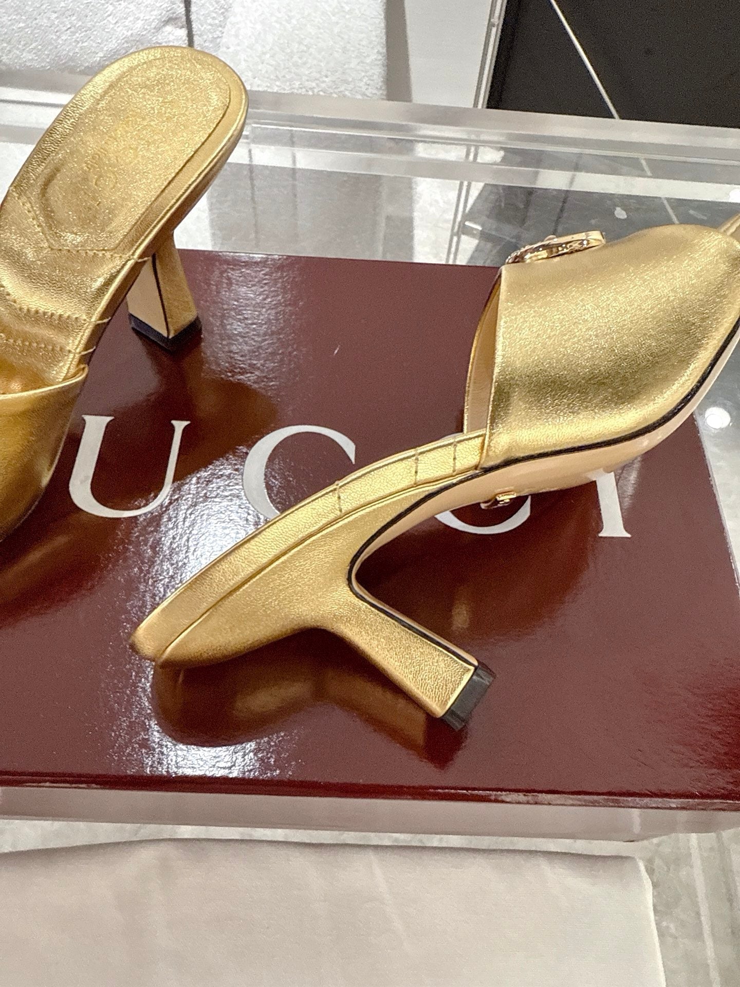 GC 2025 Double G High Heel Sandals Gold Sheepskin 292472