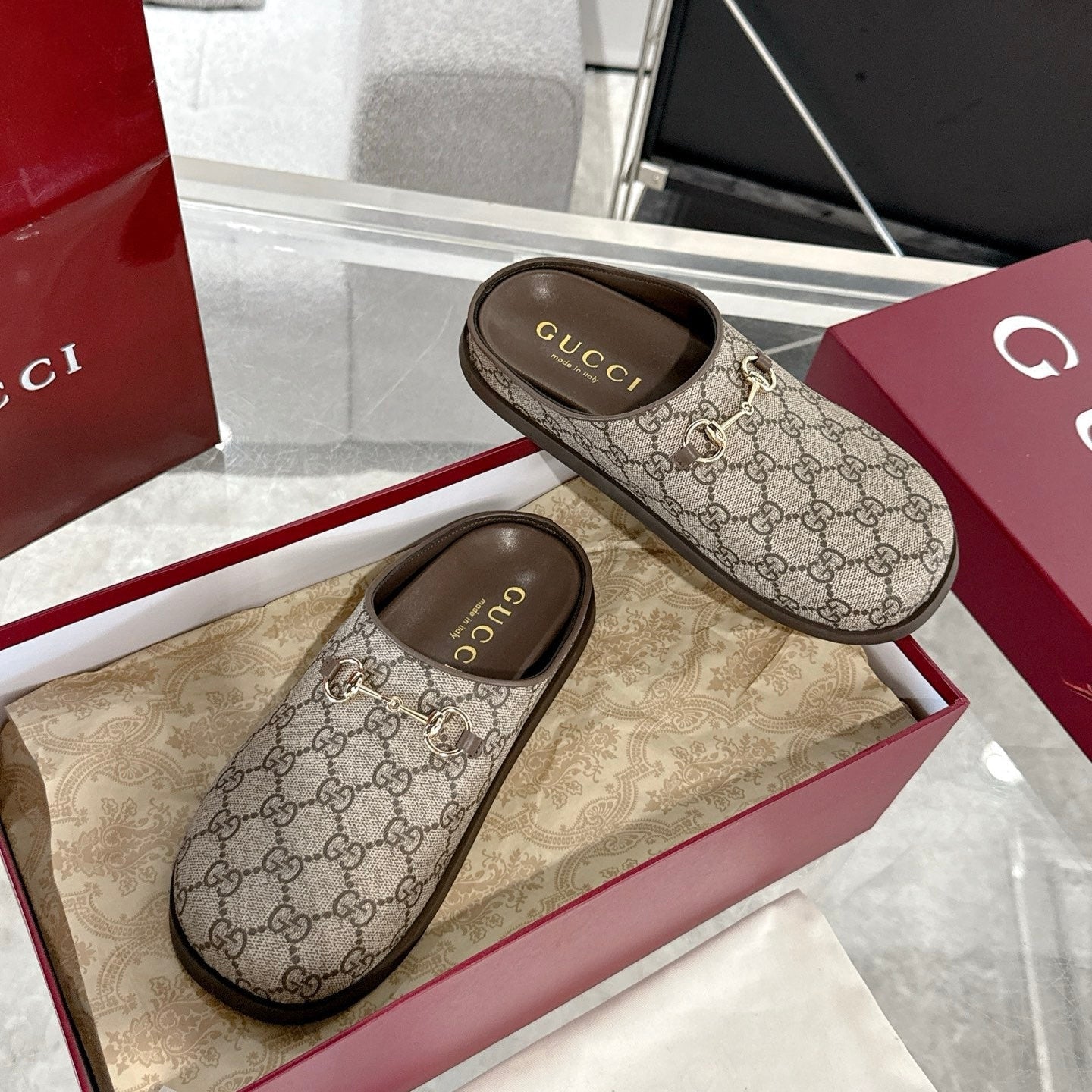 GC 25 Horsebit Mule Beige Ebony Monogram Canvas