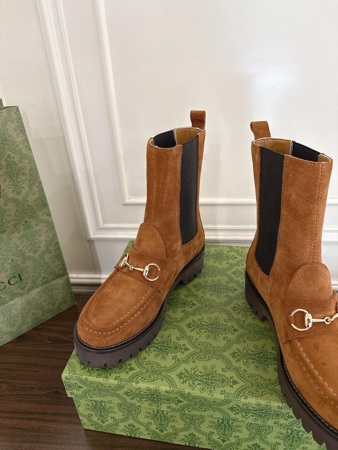 Gucci Horsebit Ankle Boots Brown Black Suede Sheepskin 490529