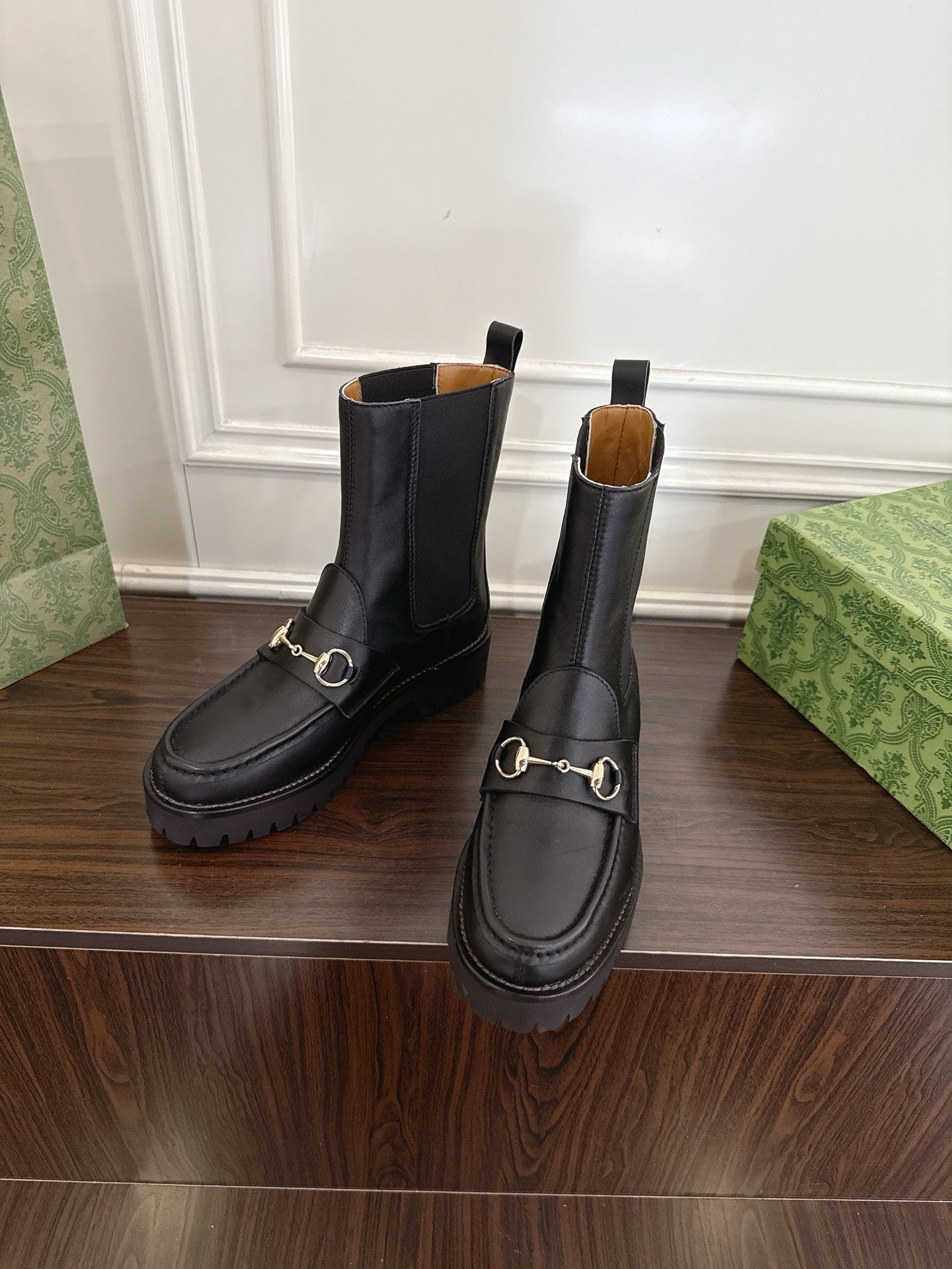 Gucci Horsebit Ankle Boots Black Sheepskin Fabric 490530