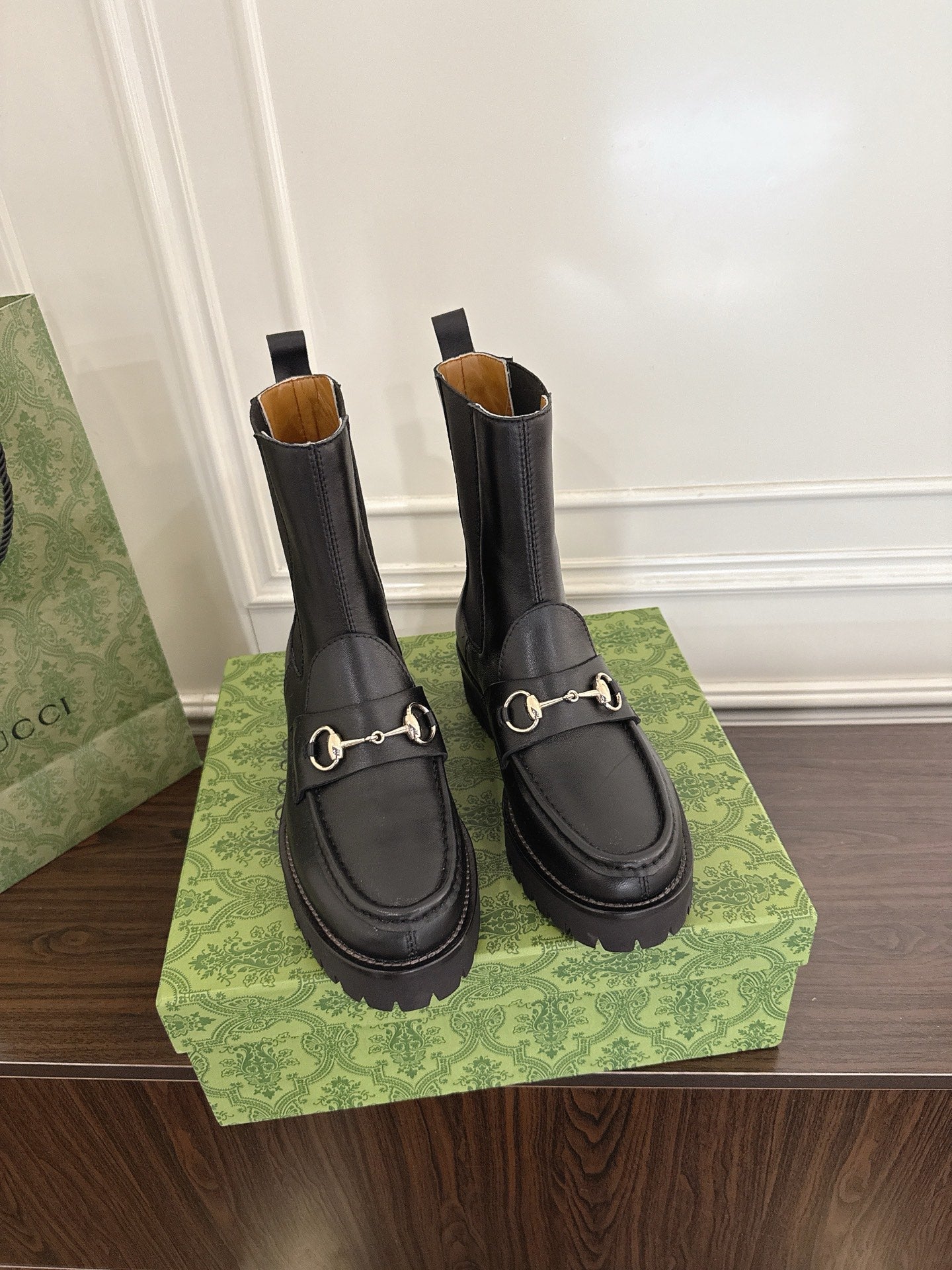 Gucci Horsebit Ankle Boots Black Sheepskin Fabric 490530