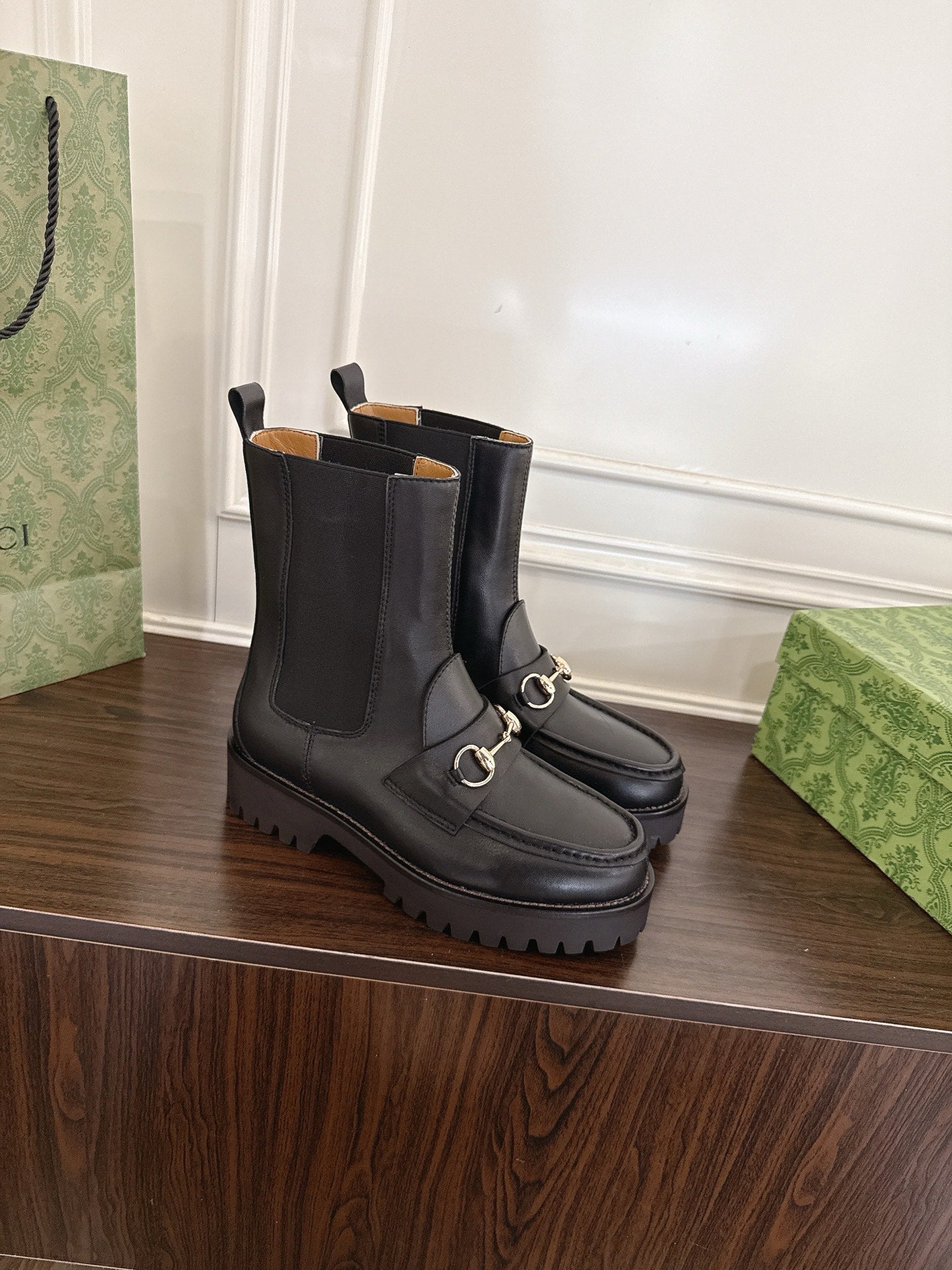 Gucci Horsebit Ankle Boots Black Sheepskin Fabric 490530