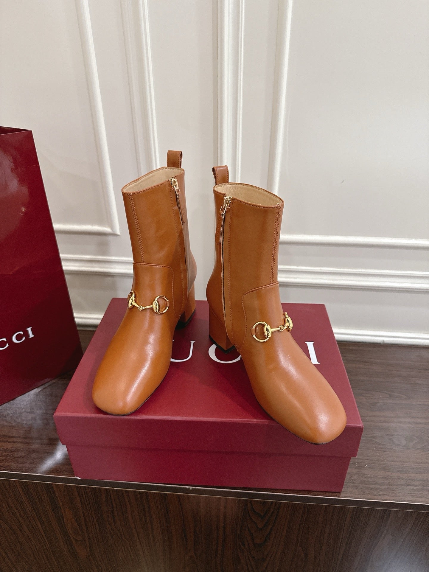 Gucci Horsebit Chunky Heel Ankle Boots Brown Cowhide 490561