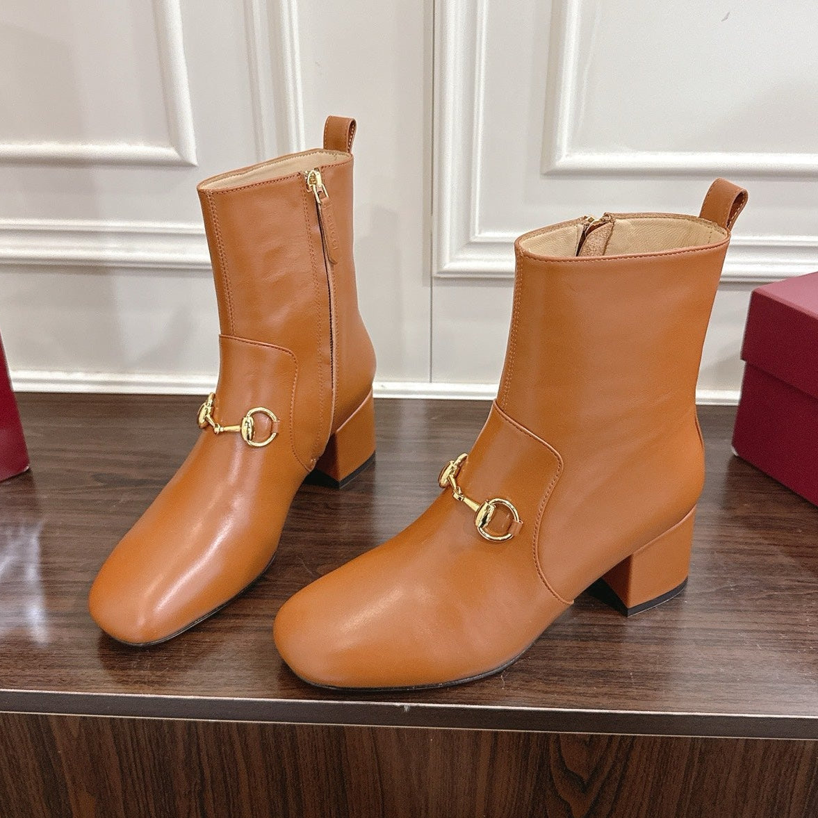 Gucci Horsebit Chunky Heel Ankle Boots Brown Cowhide 490561