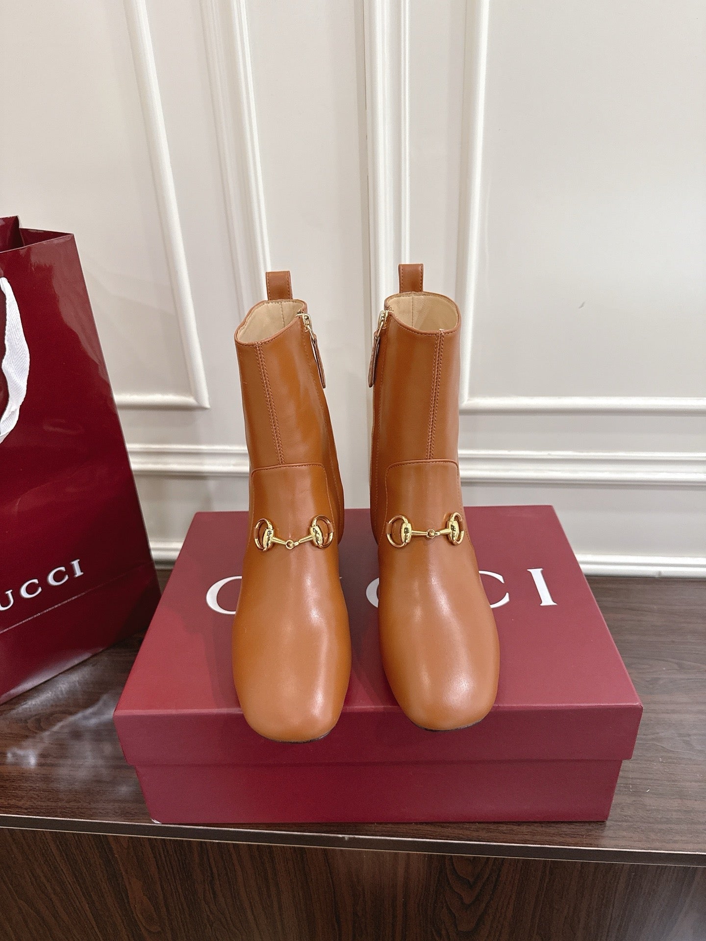 Gucci Horsebit Chunky Heel Ankle Boots Brown Cowhide 490561