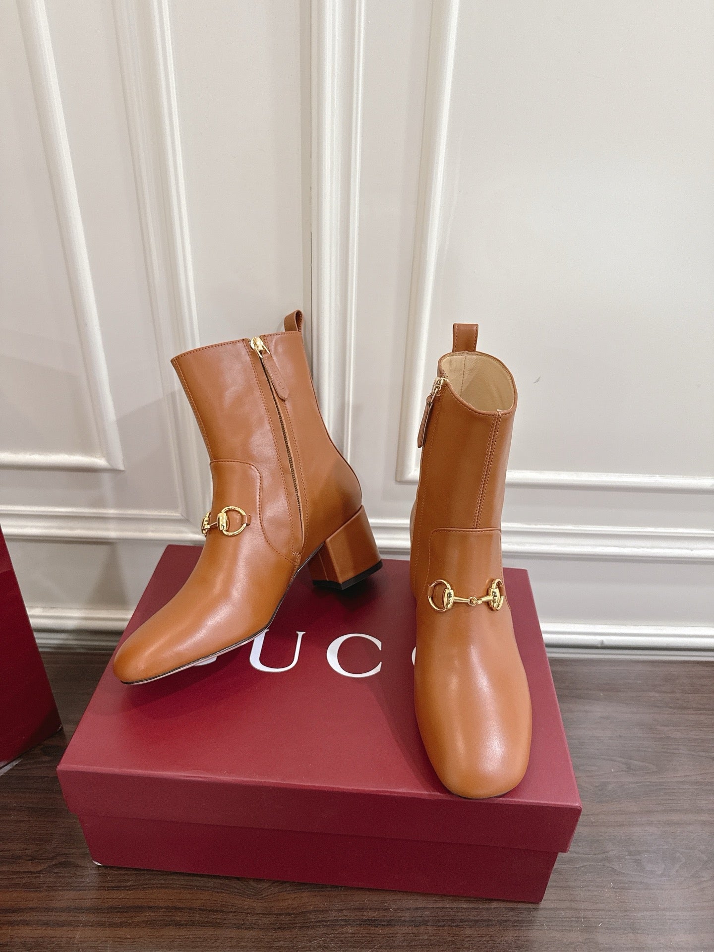 Gucci Horsebit Chunky Heel Ankle Boots Brown Cowhide 490561