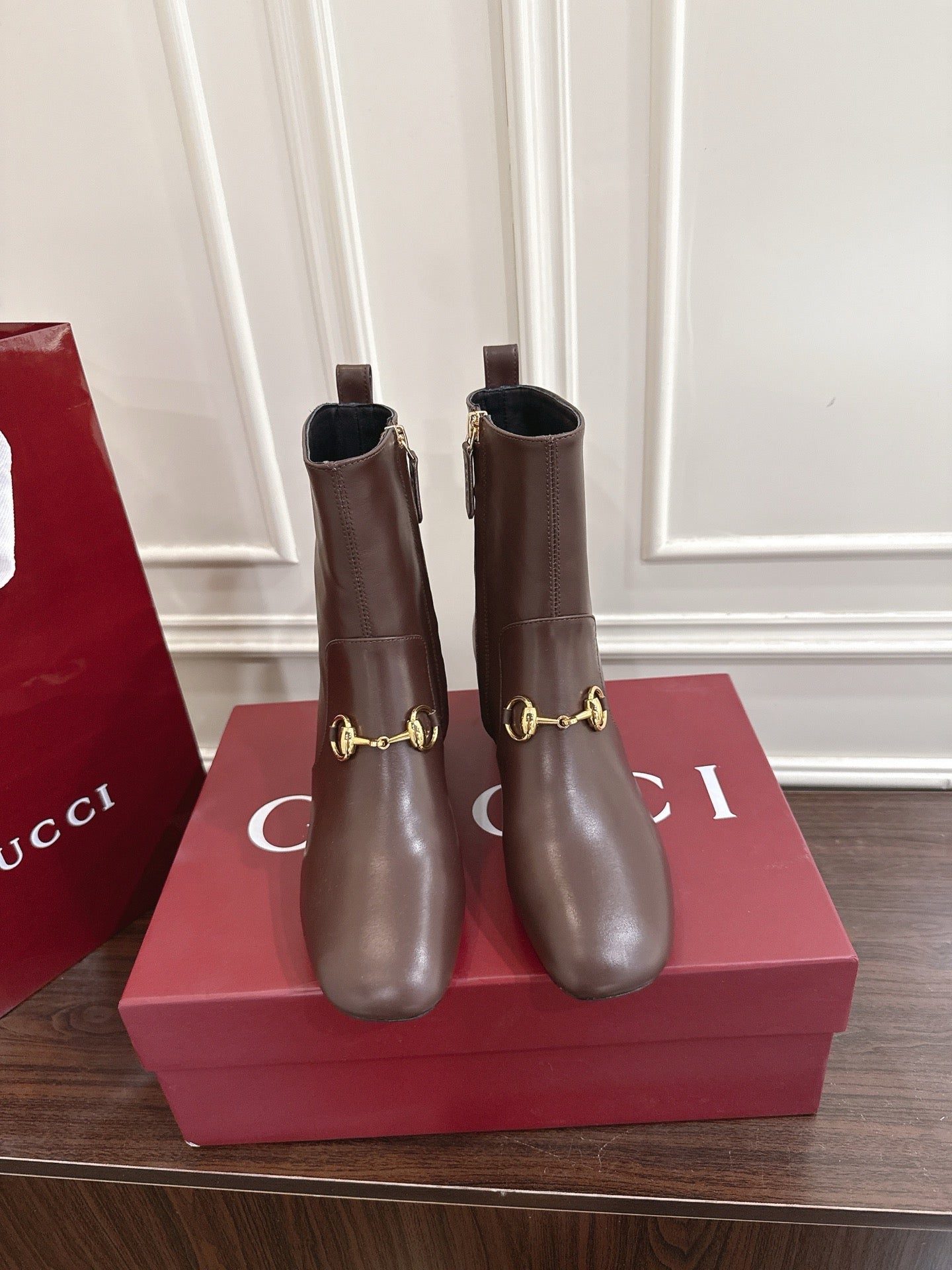 Gucci Horsebit Chunky Heel Ankle Boots Dark Brown Cowhide 490562