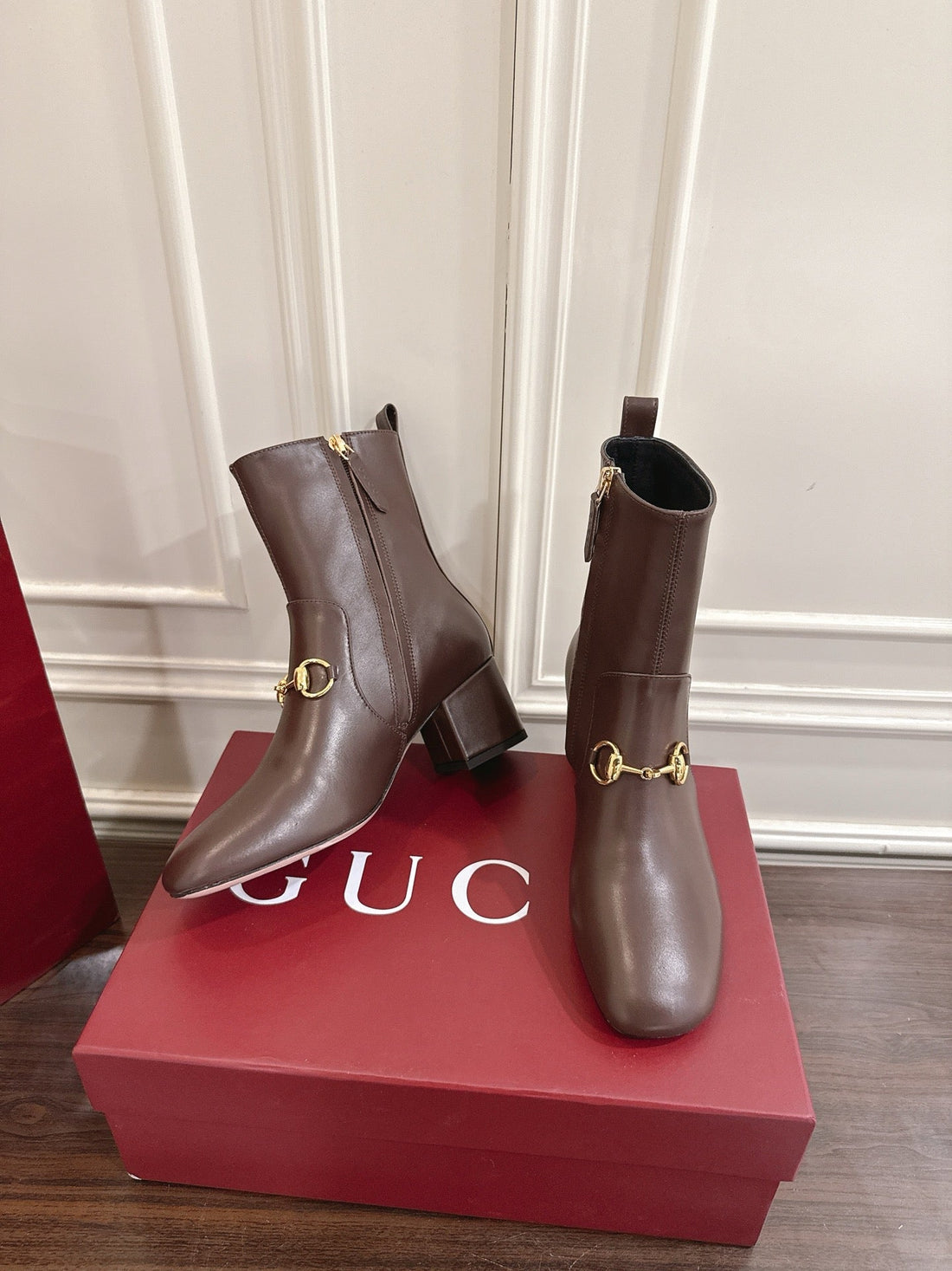 Gucci Horsebit Chunky Heel Ankle Boots Dark Brown Cowhide 490562